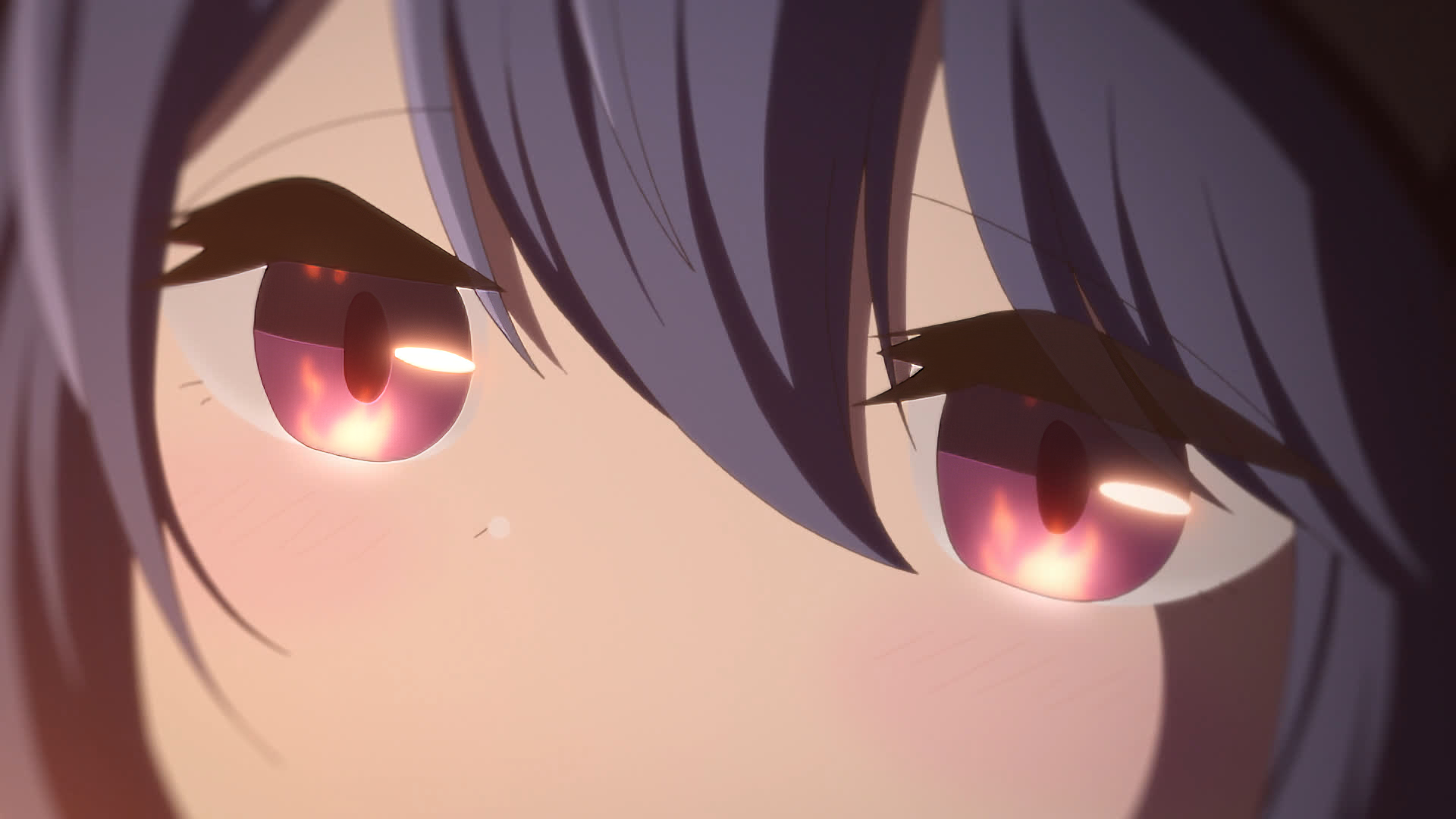 Close-up of Rin Shima from the anime Laid-Back Camp, featuring her striking eyes and serene expression. This vibrant HD image serves as an engaging desktop wallpaper.