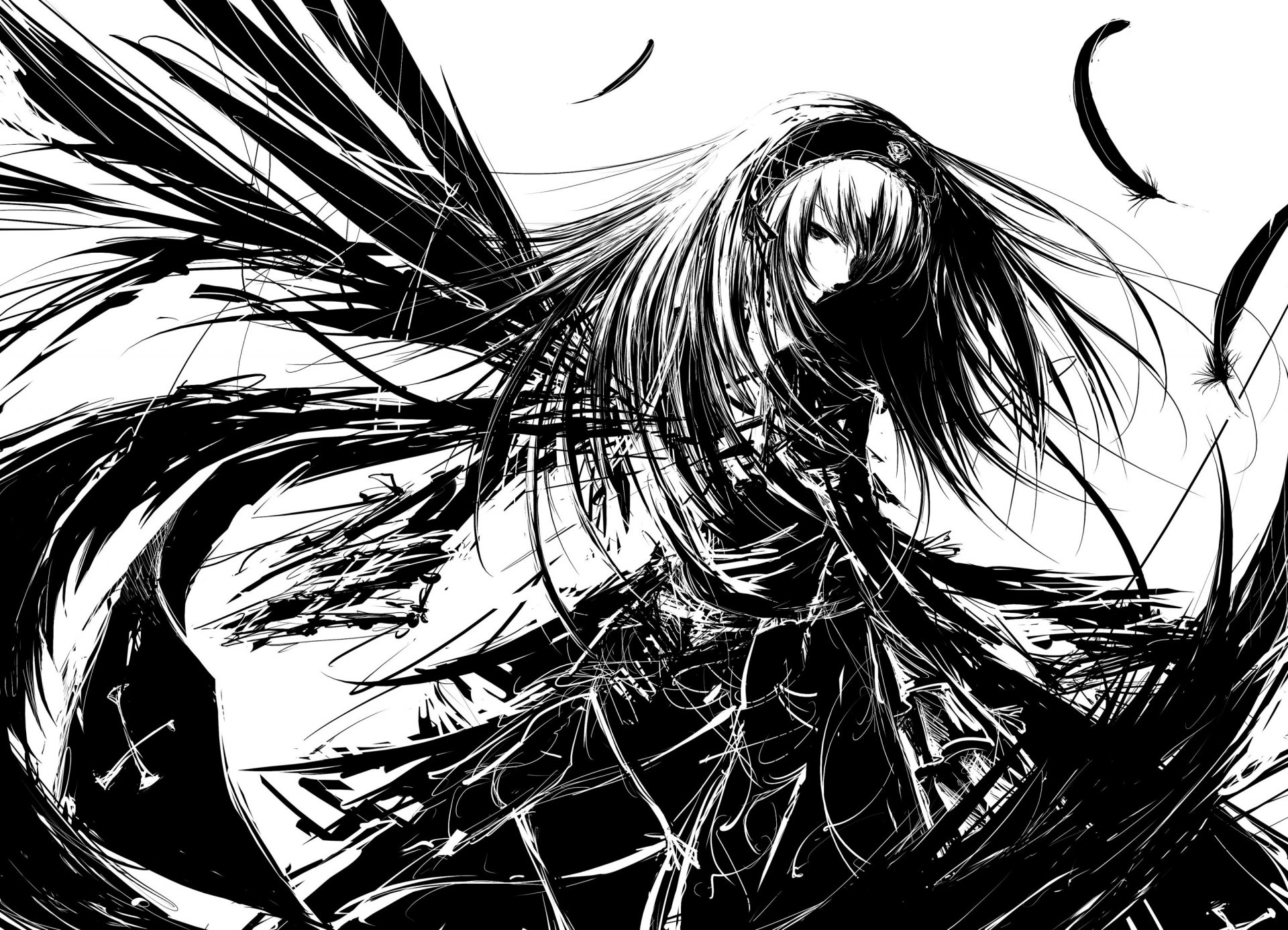 A striking HD desktop wallpaper featuring a character from Rozen Maiden, illustrated in a dynamic black and white style with flowing hair and dramatic, swirling elements.