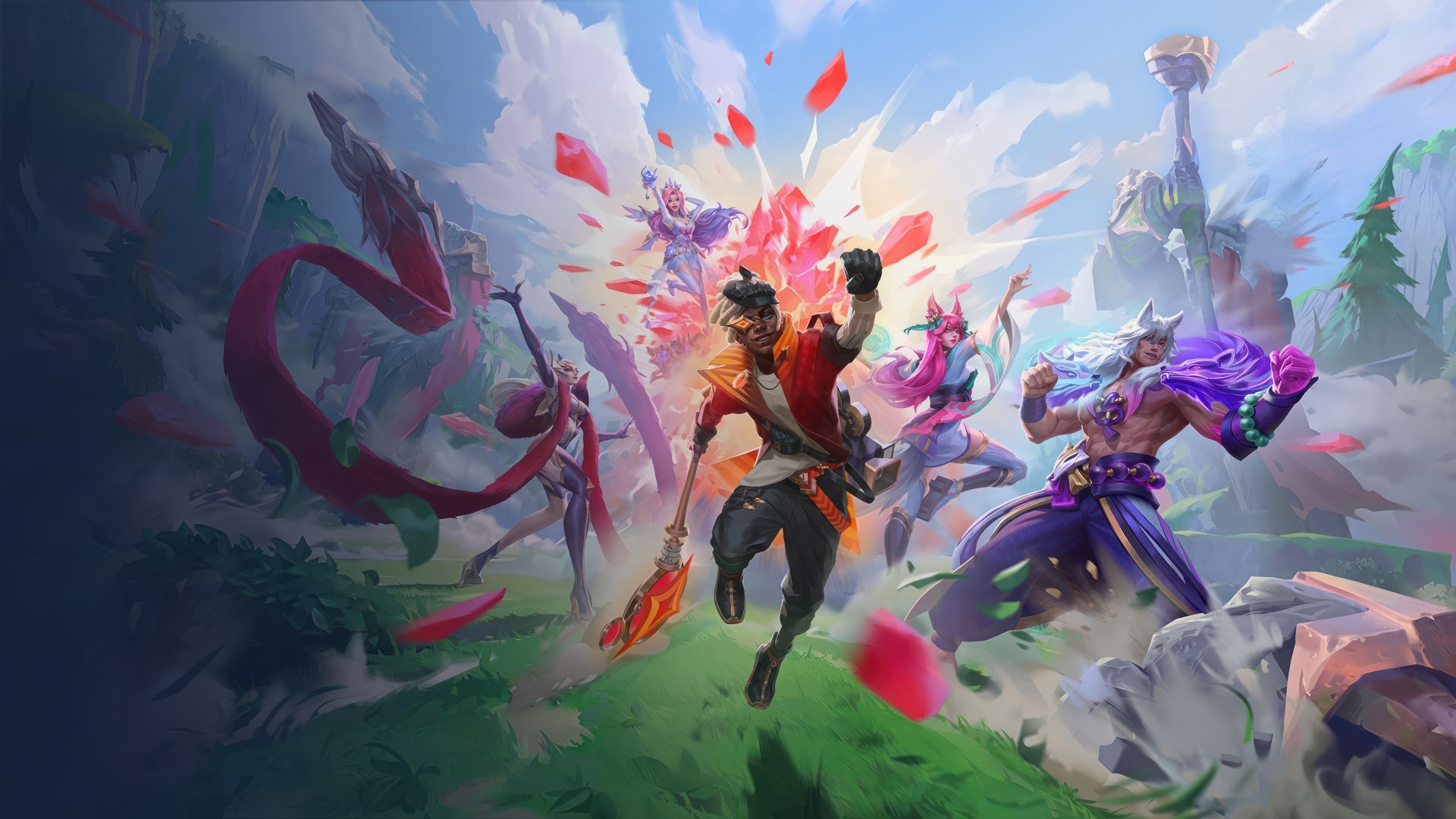 A vibrant League of Legends HD wallpaper featuring characters Ahri, Ekko, Sett, and Evelynn in action against a dynamic background of swirling petals and a scenic landscape.
