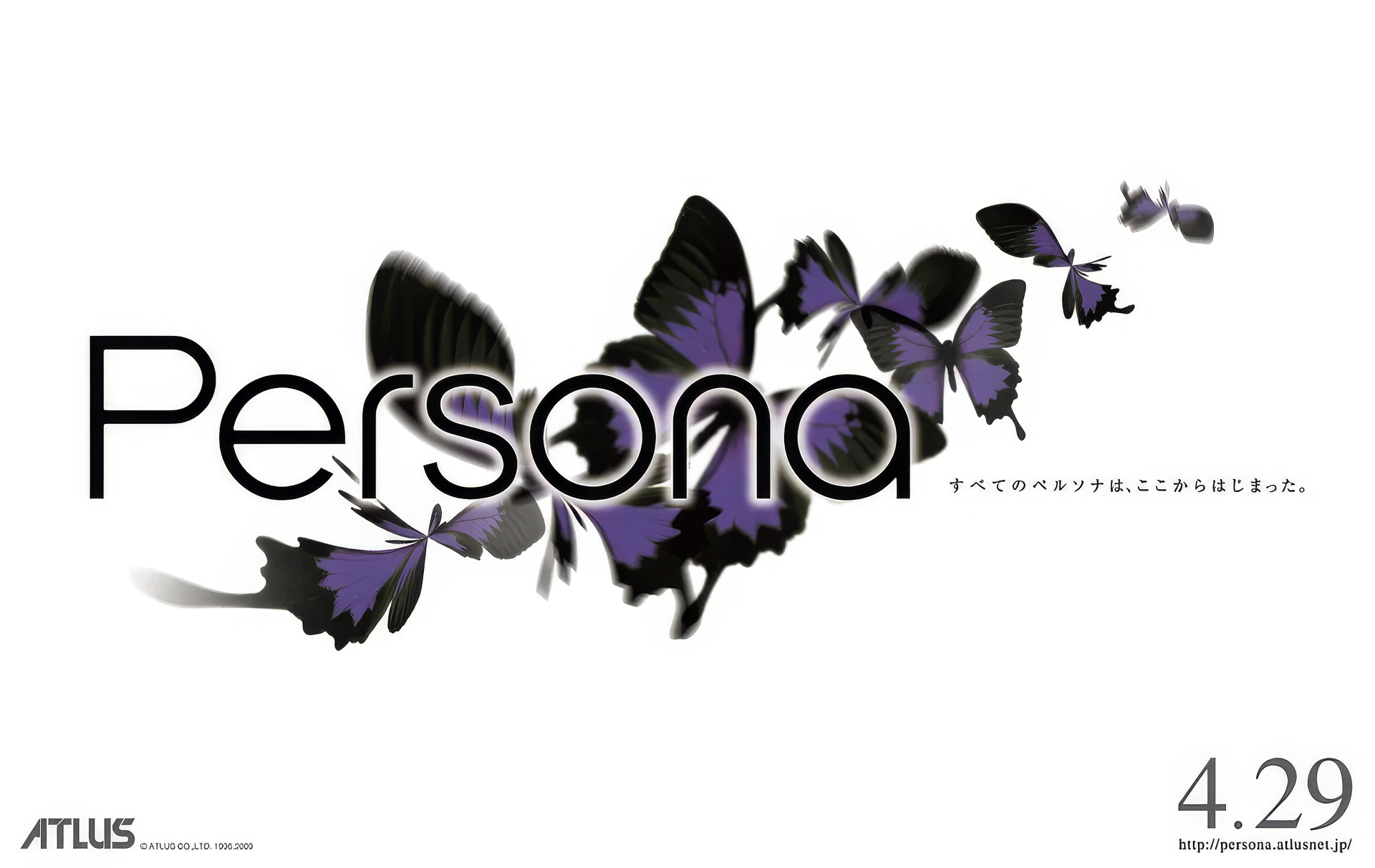HD desktop wallpaper featuring the logo for Persona video game with dark purple butterflies fluttering around, indicating an upcoming release date of 4.29, by ATLUS.