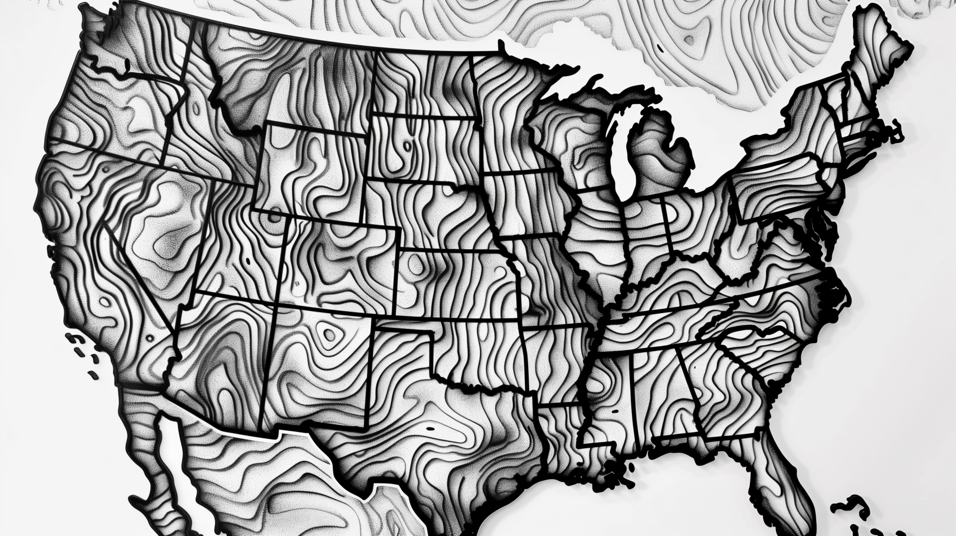 High-definition desktop wallpaper featuring a stylized topographic map of the United States of America in monochrome tones.