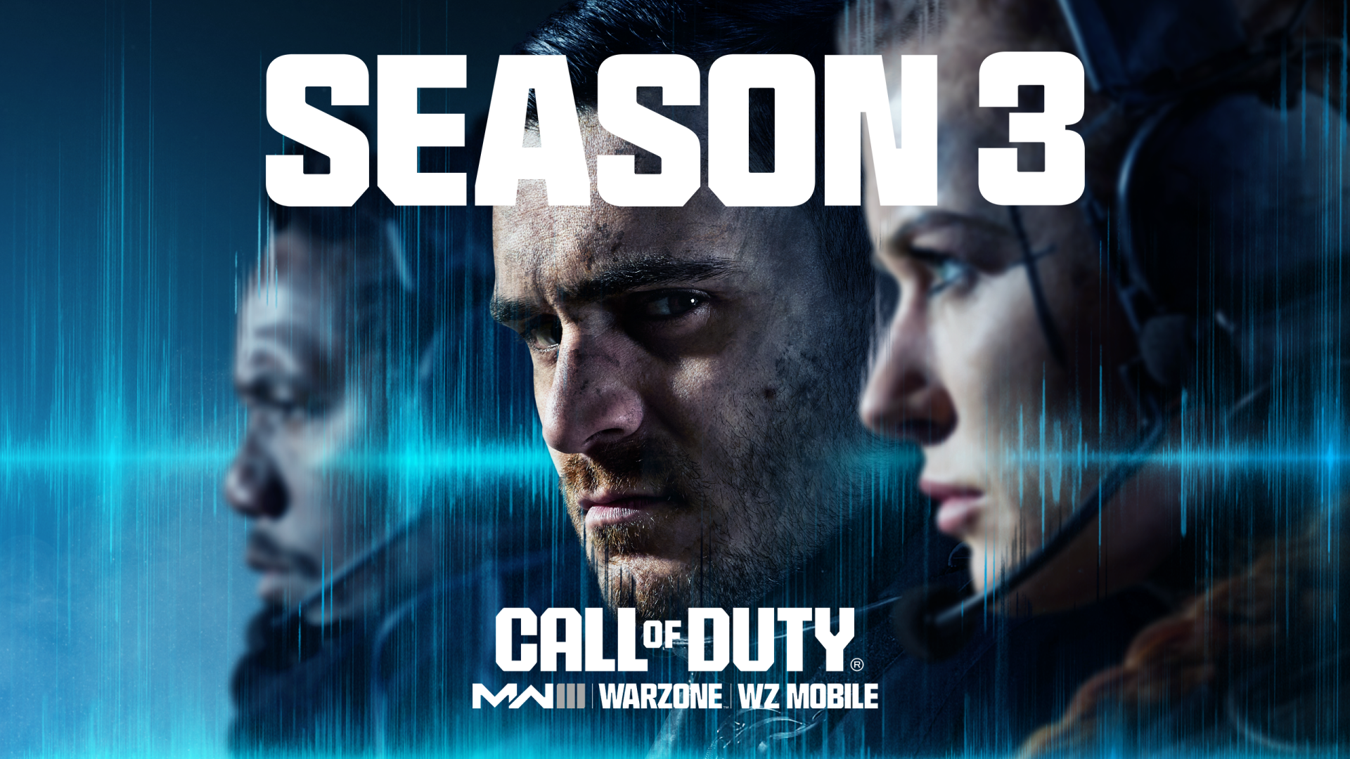 Call of Duty: Modern Warfare III Season 3 HD Wallpaper featuring intense character portraits and game logo for desktop background.