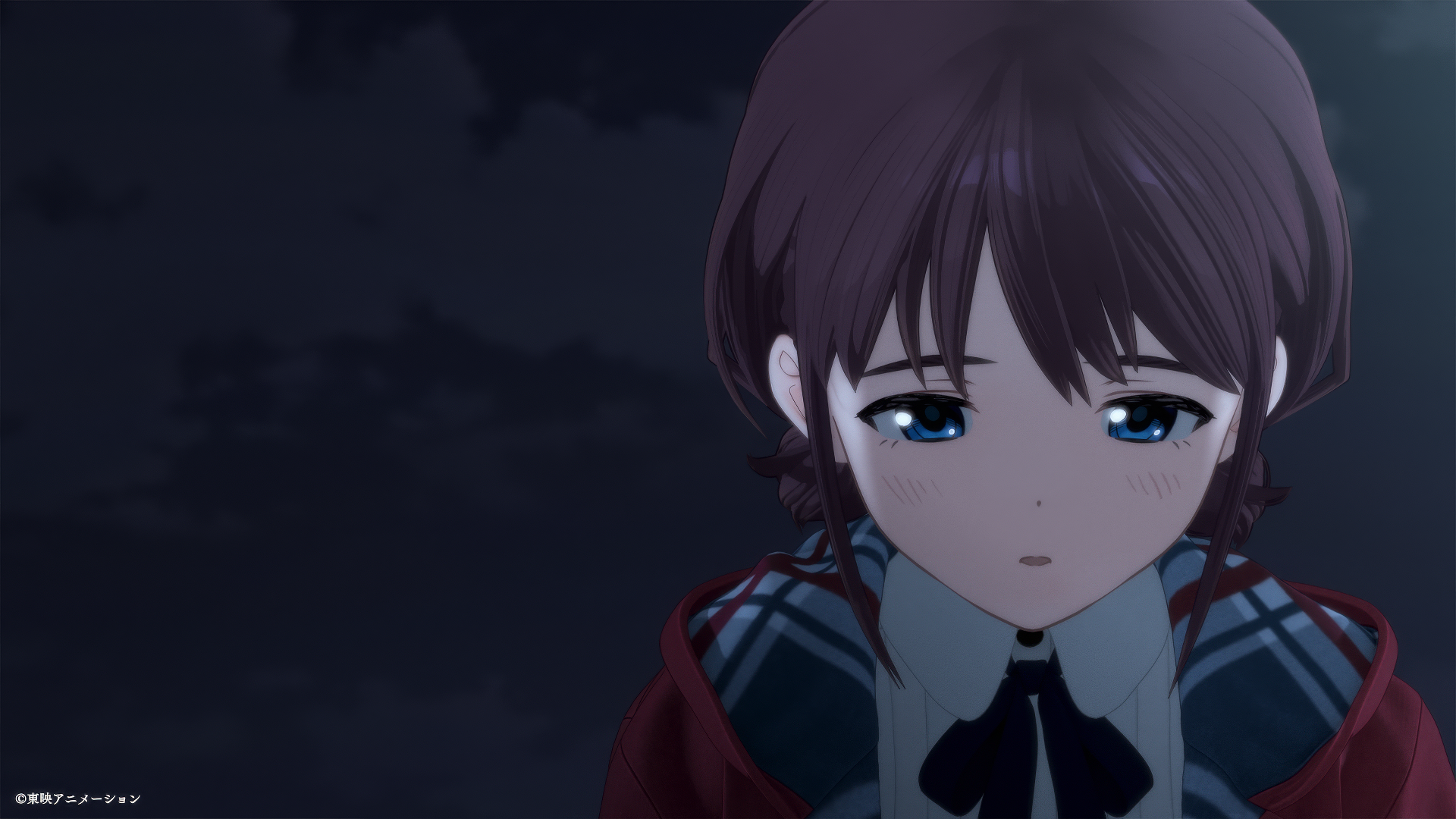 HD anime wallpaper featuring a close-up of a girl from Girls Band Cry with a somber expression, set against a dark, cloudy sky.