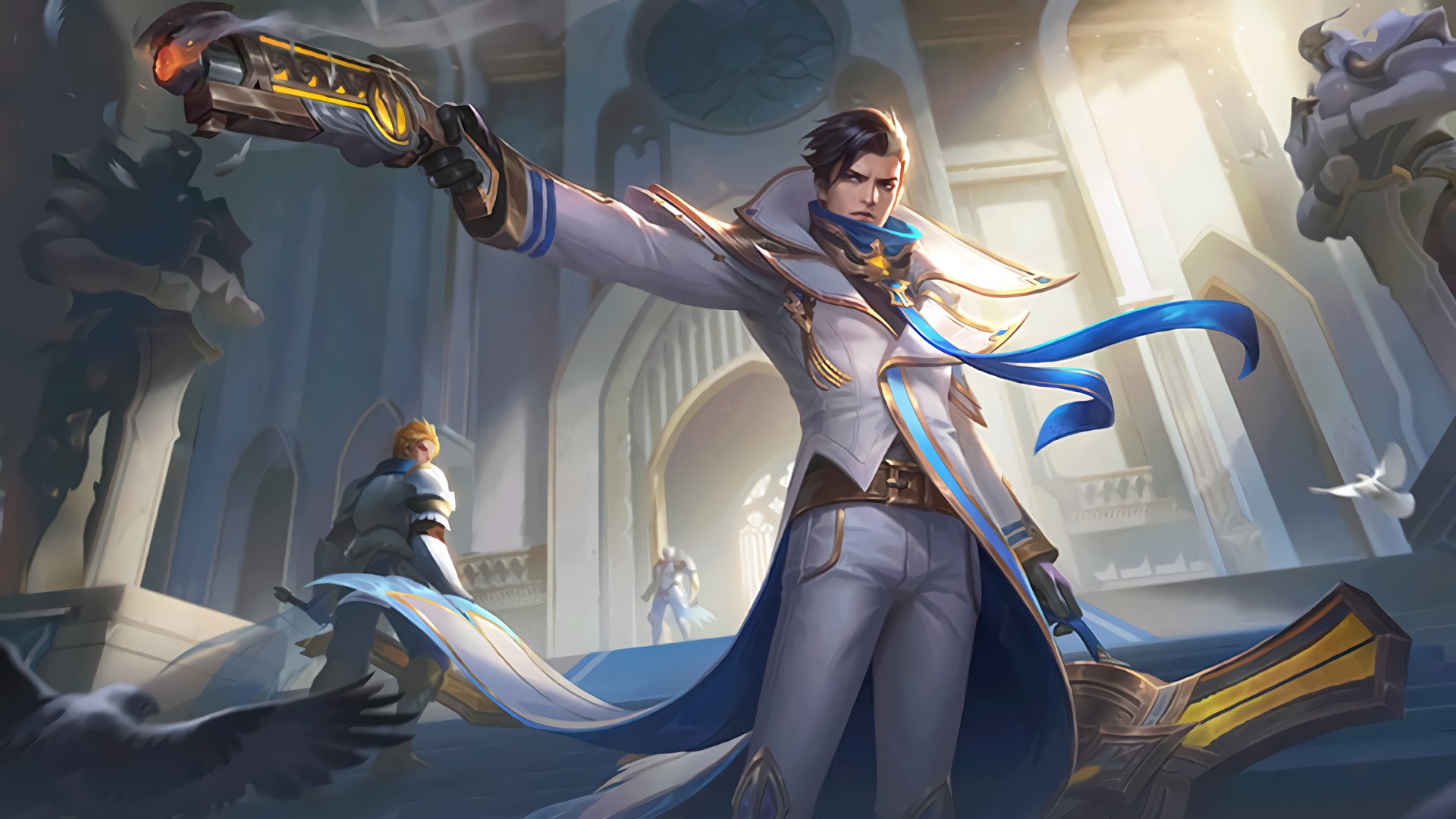 HD wallpaper of Granger from Mobile Legends: Bang Bang posing with his weapon in a grand setting.