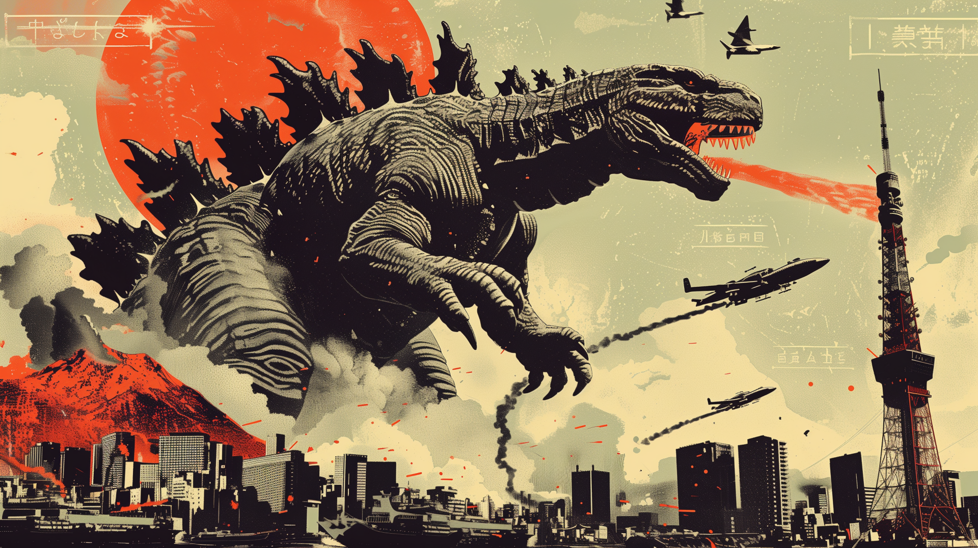 Artistic Godzilla movie-themed HD desktop wallpaper with Godzilla rampaging through a city against a red sun backdrop.