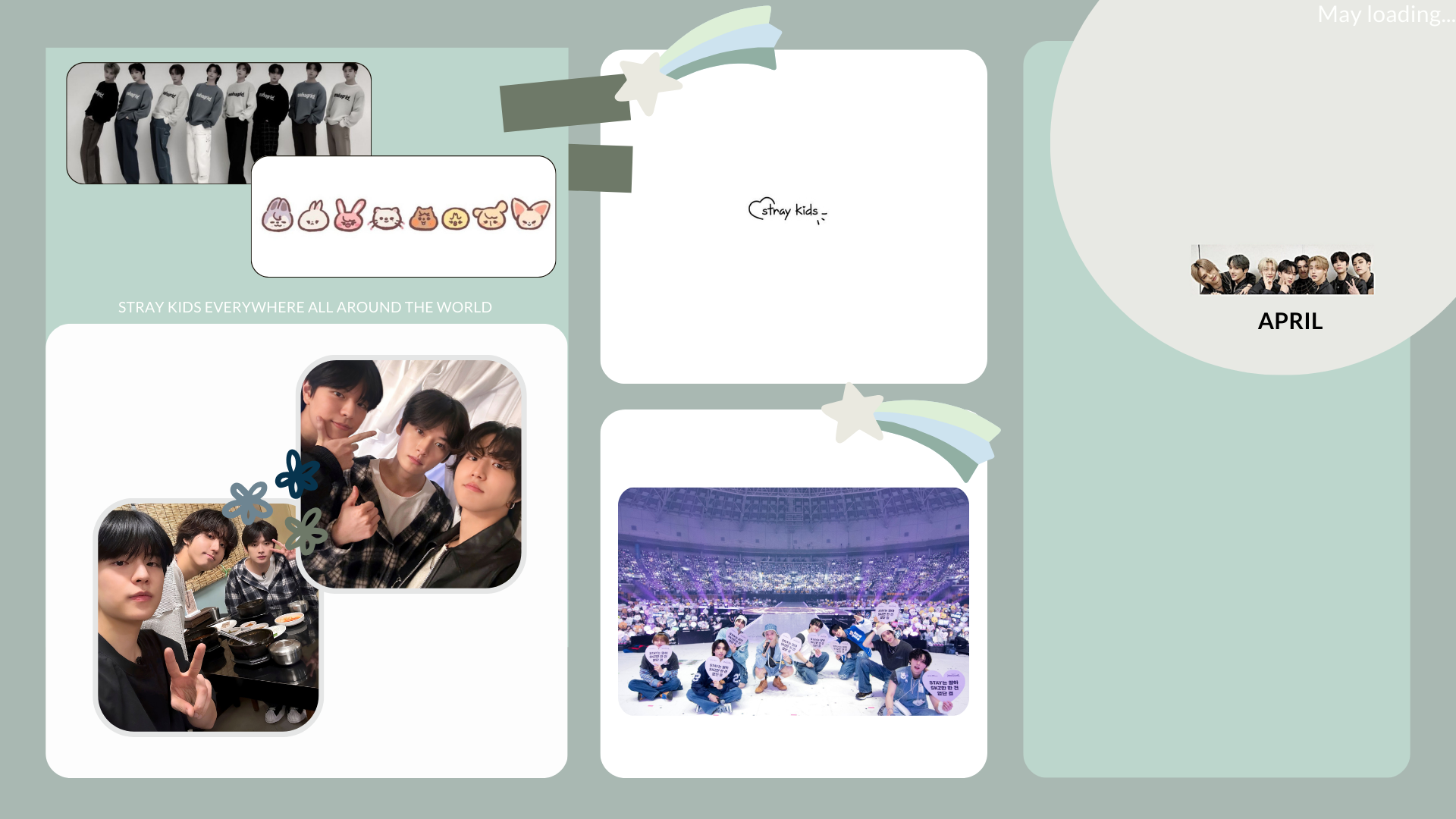 HD PC desktop wallpaper featuring various photos and moments of Stray Kids arranged on a pastel green background with creative tape and star accents.