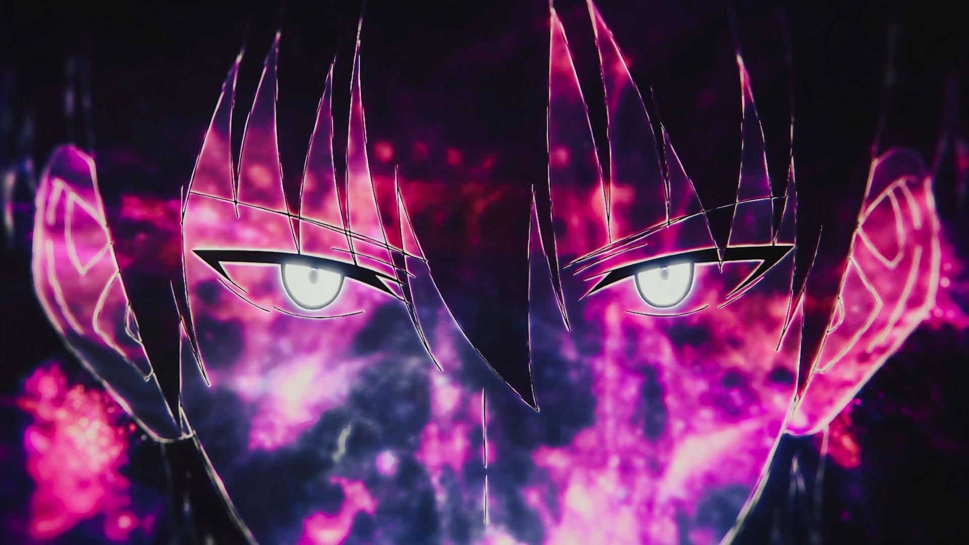 Close-up of Sung Jin-Woo’s intense glowing eyes and dark hair from the anime Solo Leveling, captured in a vivid 4K Ultra HD desktop wallpaper.