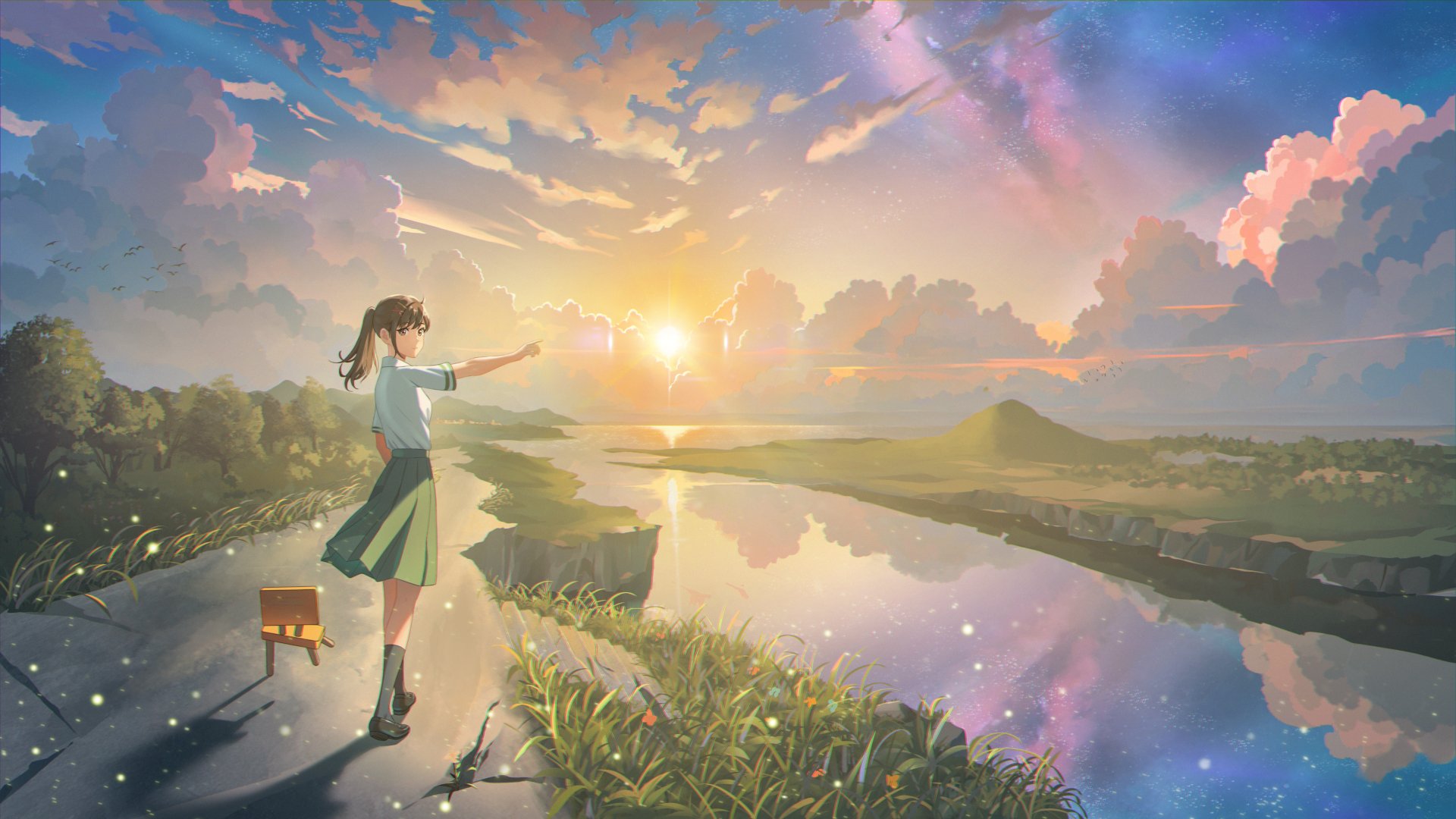 Anime-style 4K Ultra HD wallpaper featuring Suzume Iwato from Suzume no Tojimari standing by a reflective river at sunset with a vibrant sky background.