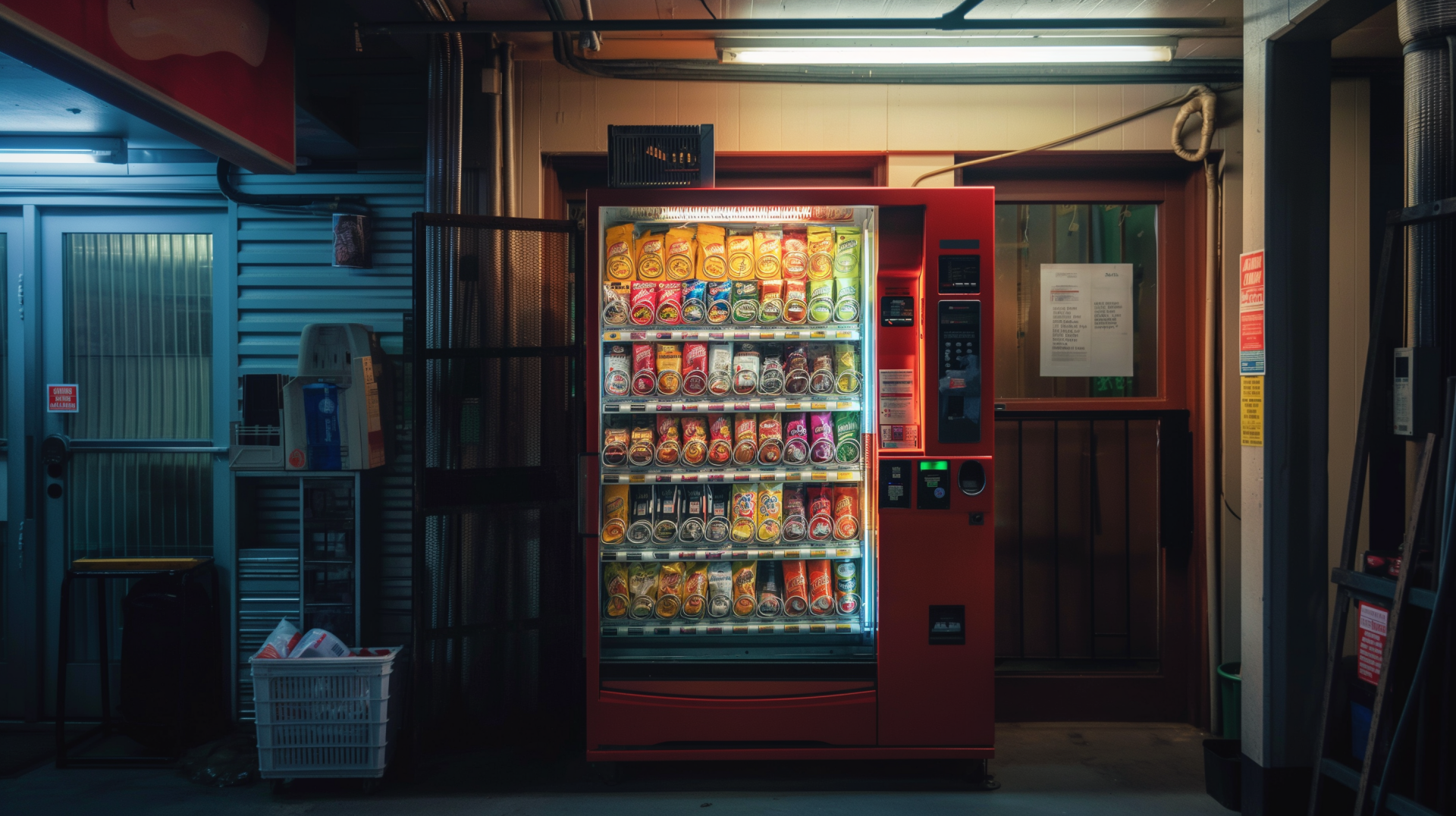 HD wallpaper of a brightly lit vending machine at night, providing a colorful background for desktops.