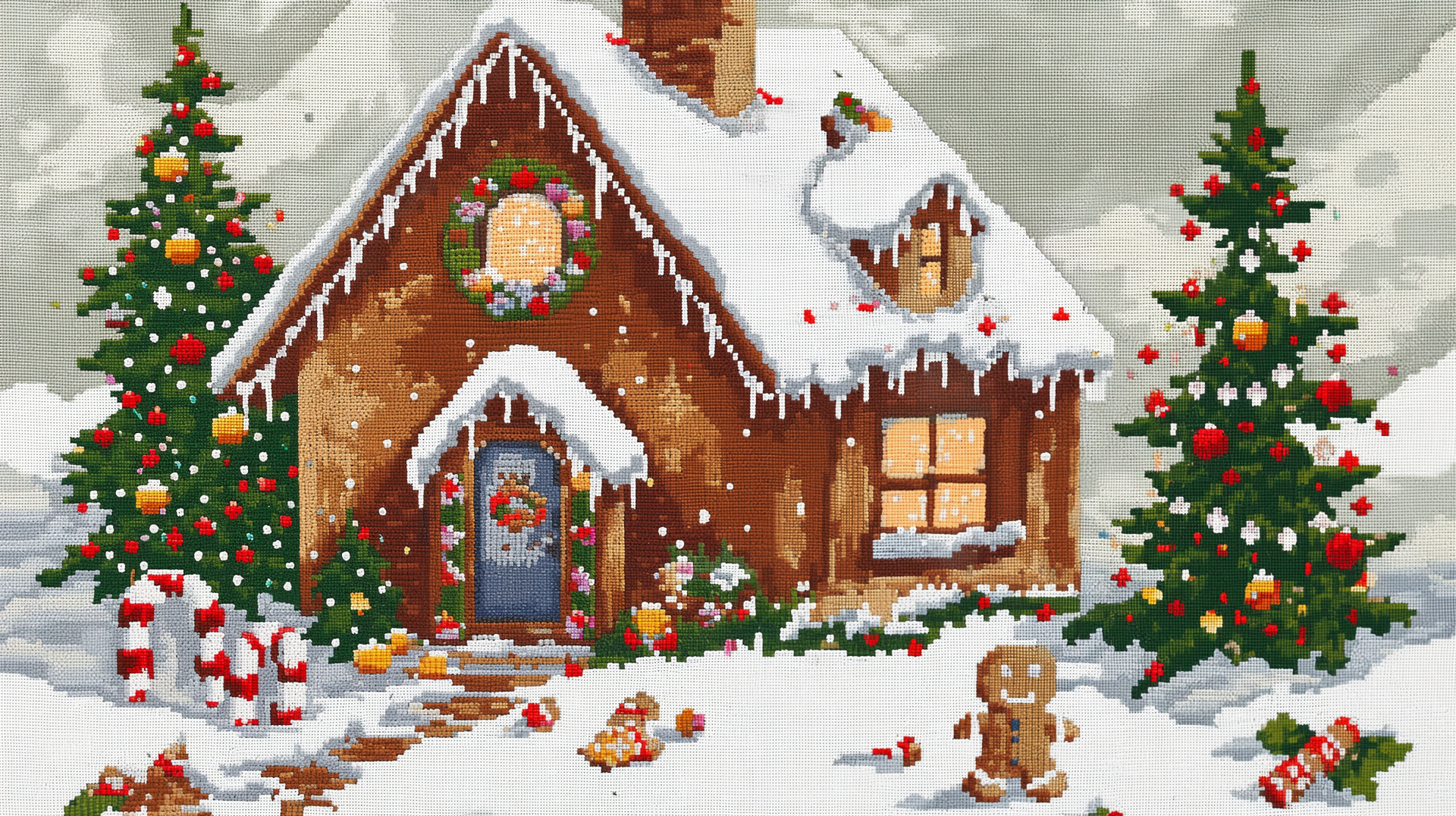 A cozy gingerbread house surrounded by snow, Christmas trees, and candy canes, featuring a cheerful gingerbread man. Perfect pixel art for a festive HD wallpaper.