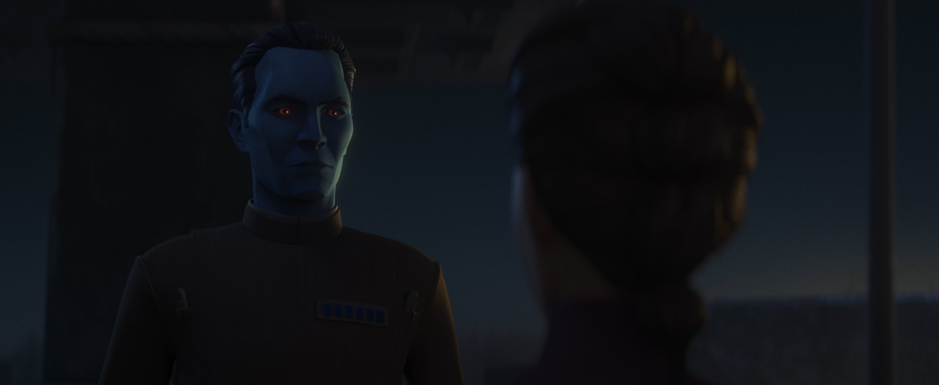 A striking HD wallpaper from Star Wars: Tales of the Empire, featuring a blue-skinned character in a dimly lit scene, engaging in a tense conversation.