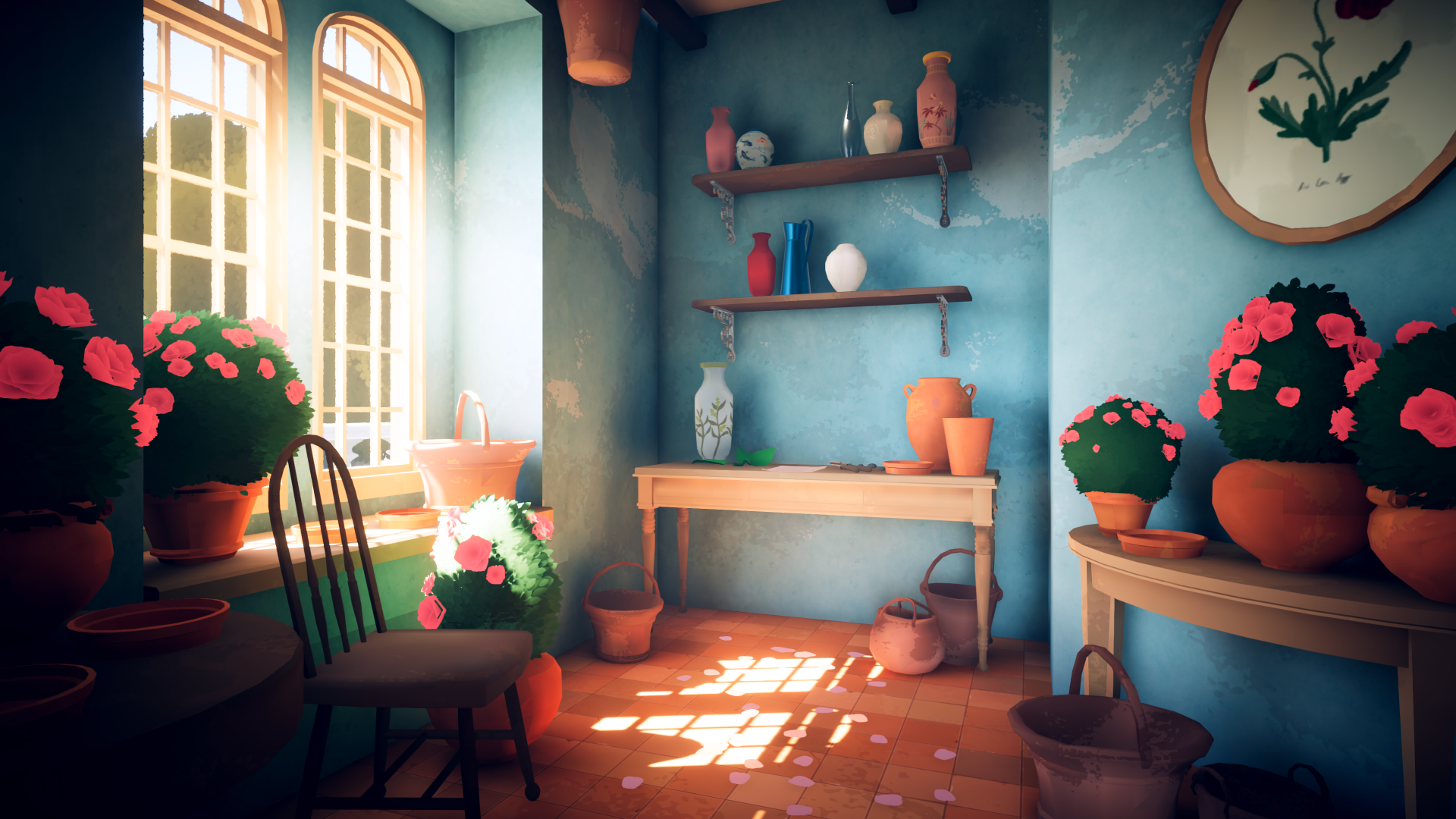 HD wallpaper of a cozy room from Botany Manor video game featuring vibrant potted plants and rustic decor.