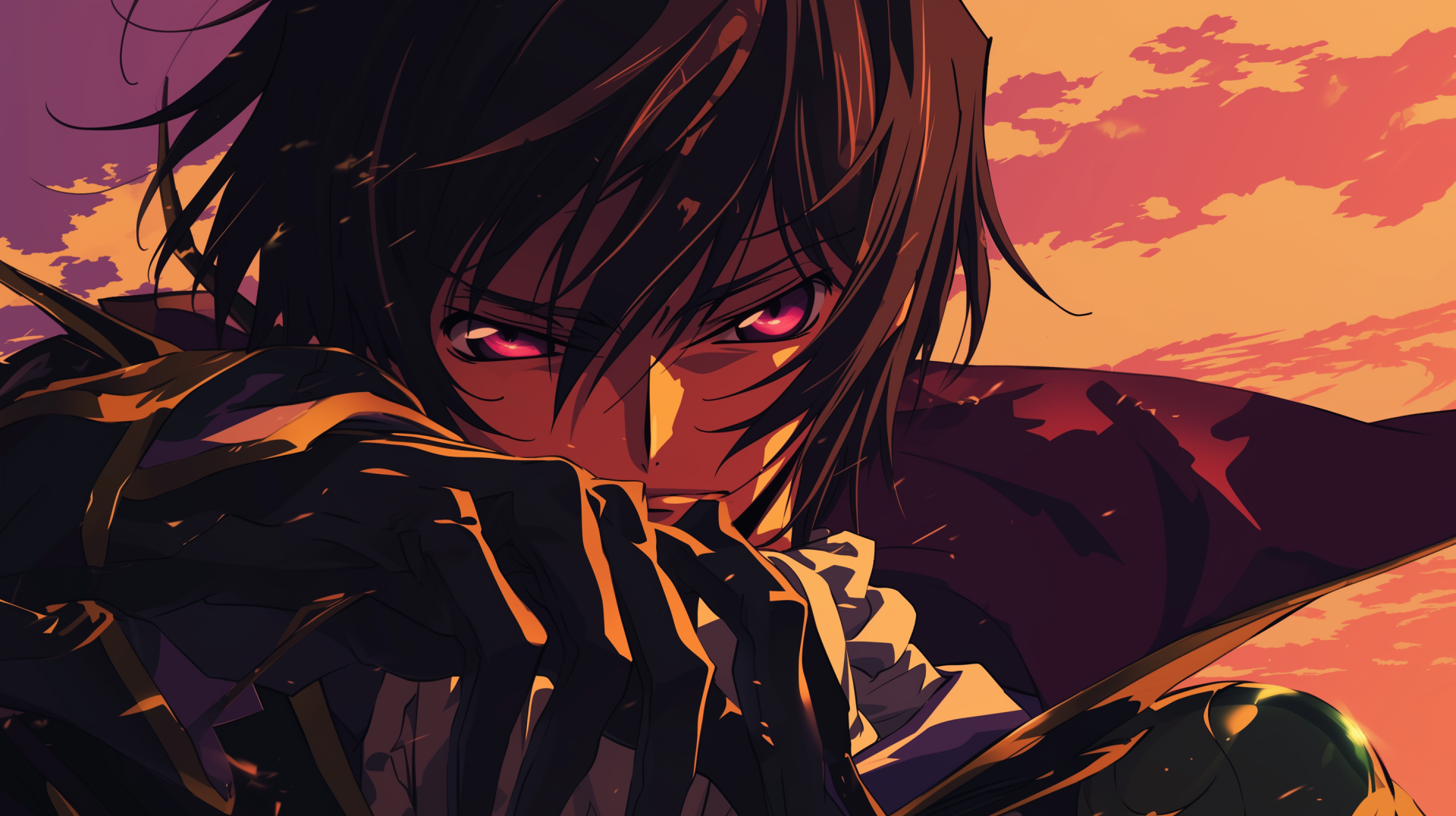 HD desktop wallpaper featuring Lelouch Lamperouge from the anime Code Geass, capturing a dramatic scene with striking colors and intense expression against a sunset backdrop.