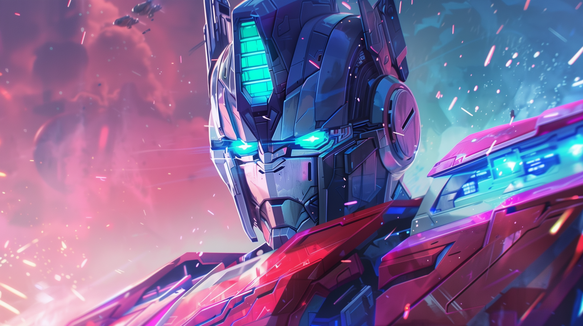 HD wallpaper featuring a stylized depiction of Transformers character Optimus Prime, highlighted with vibrant blue eyes against an energetic pink and blue cosmic backdrop.