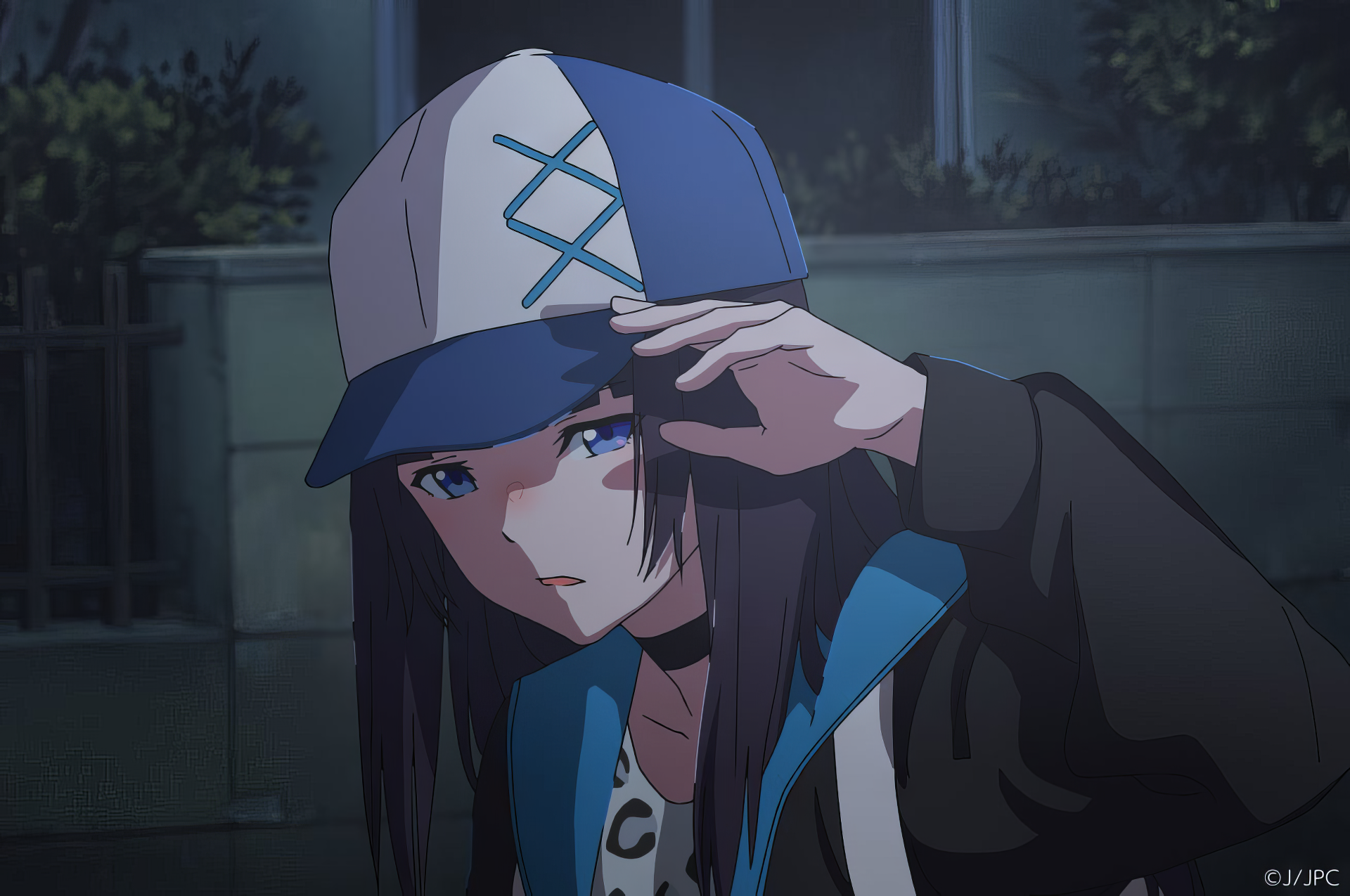 HD anime desktop wallpaper featuring a close-up of a character with long dark hair under a cap, titled Jellyfish Can’t Swim in the Night, set against a night background.