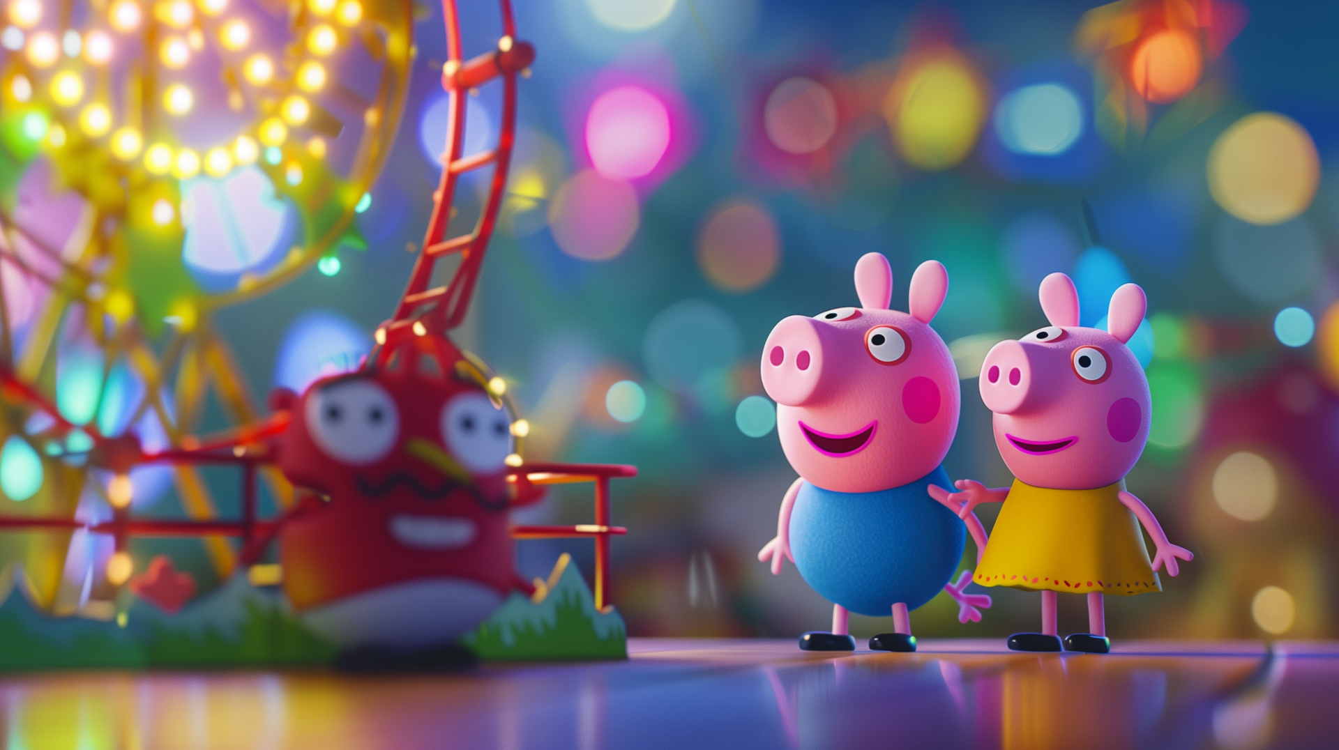 HD wallpaper featuring characters from the TV show Peppa Pig with Peppa and her brother George at a colorful amusement park lit up at night.