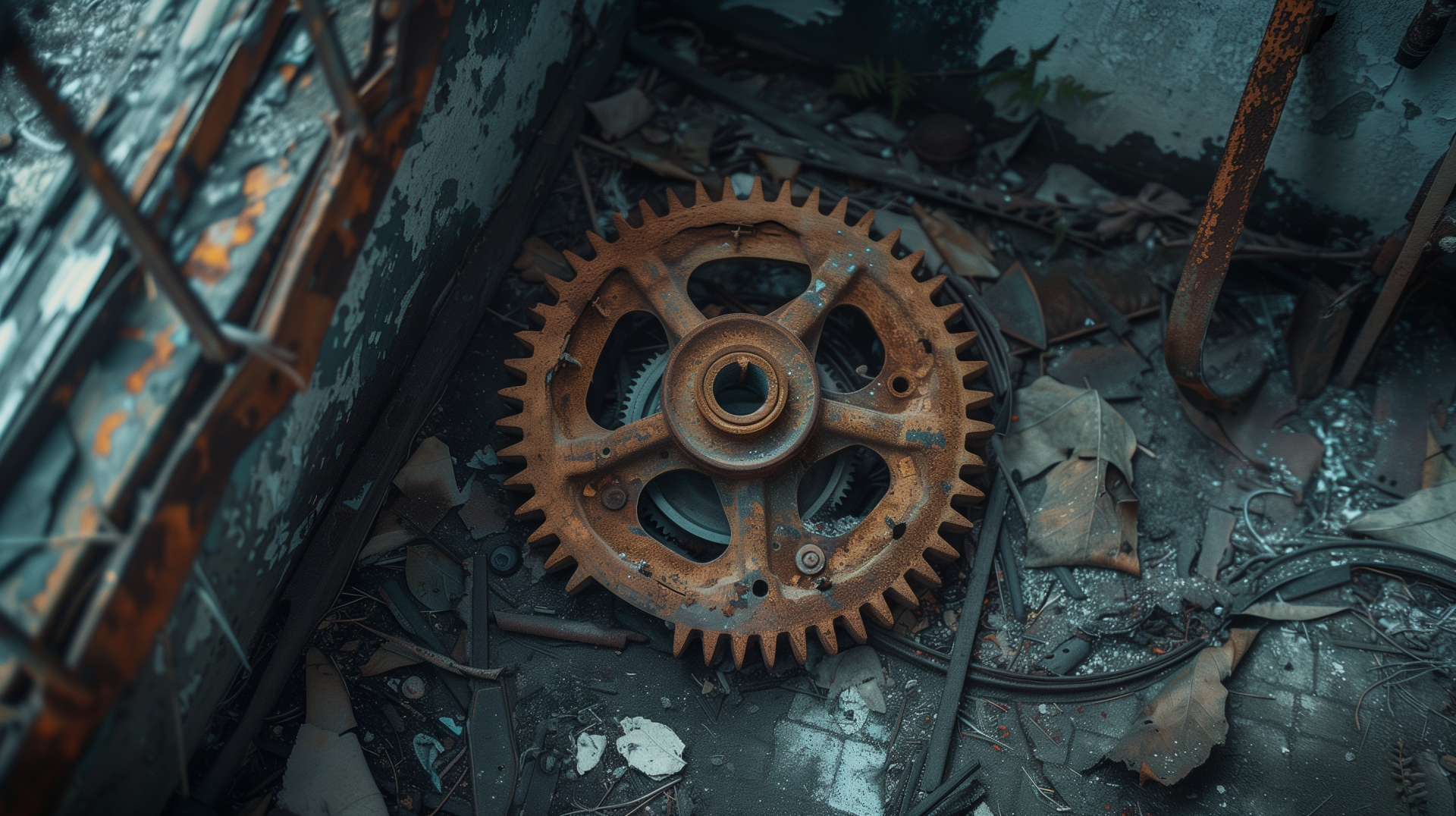 HD desktop wallpaper featuring a rusty metal gear amidst debris, showcasing textures and a moody atmosphere.