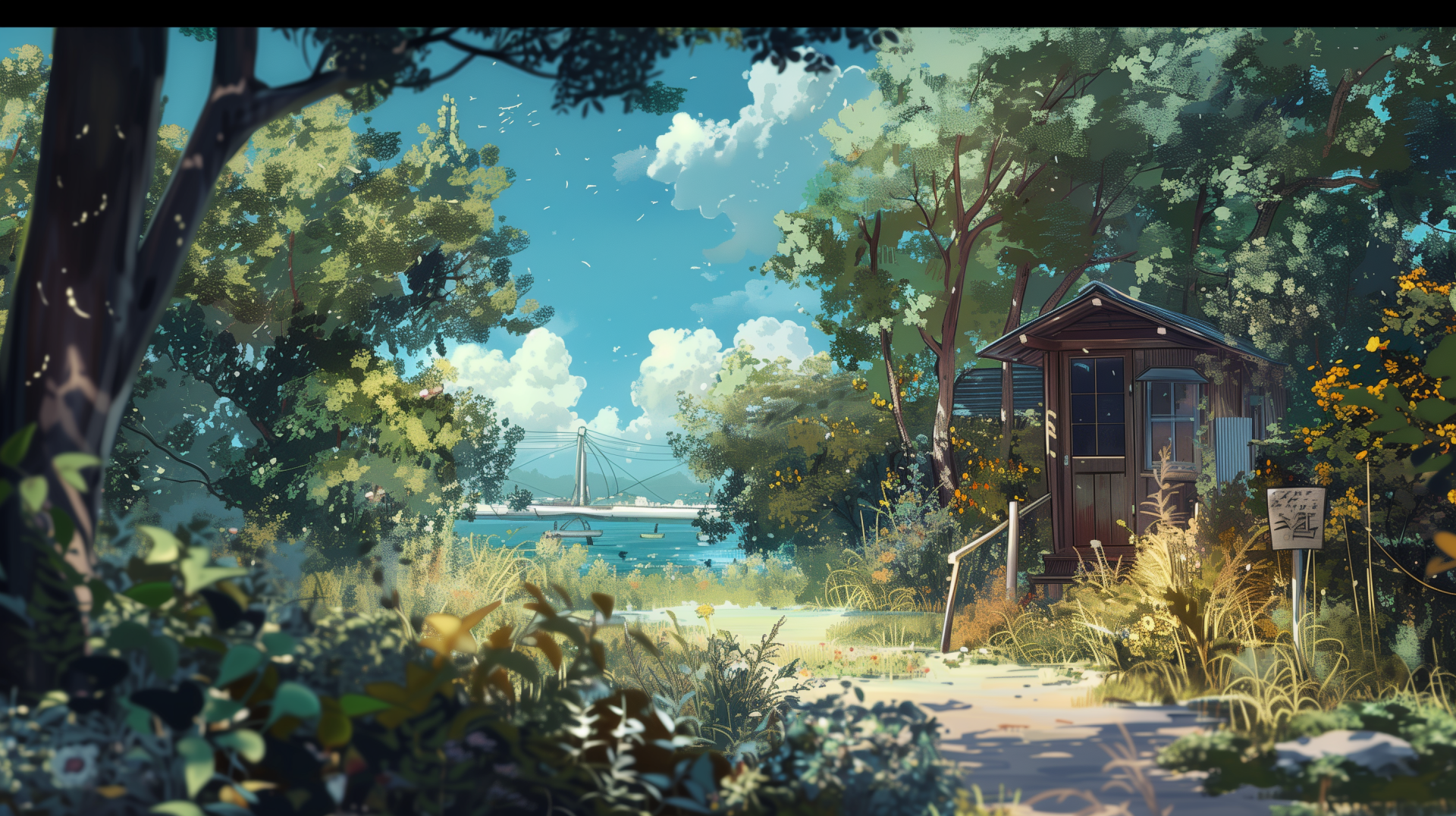HD desktop wallpaper featuring a serene outdoor scene with a quaint wooden hut surrounded by lush greenery on a sunny day, with a hint of a bridge in the background under a clear blue sky with fluffy clouds.