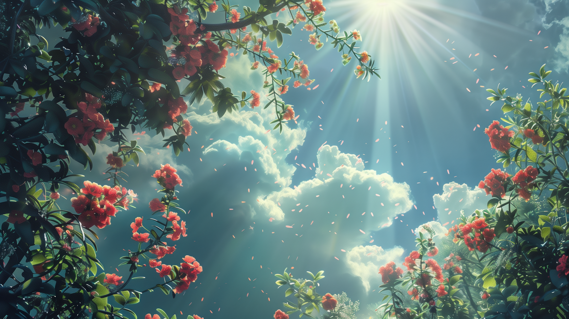 HD desktop wallpaper of a sunny day with sunbeams shining through clouds onto blooming trees.
