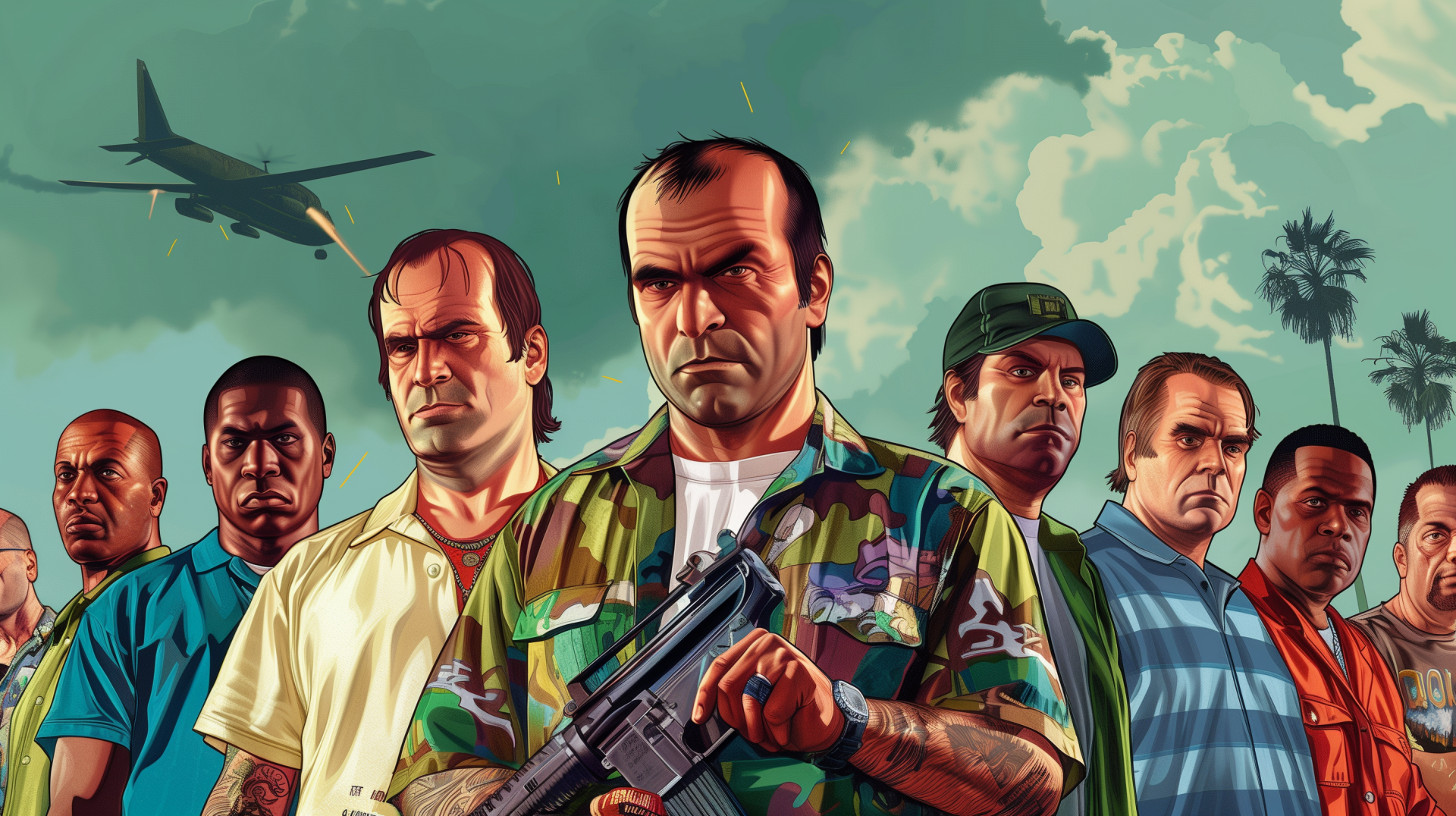 HD wallpaper featuring artwork from the video game Grand Theft Auto, depicting a group of stylized characters with a dramatic sky and a plane in the background, capturing the game's crime-themed aesthetic.