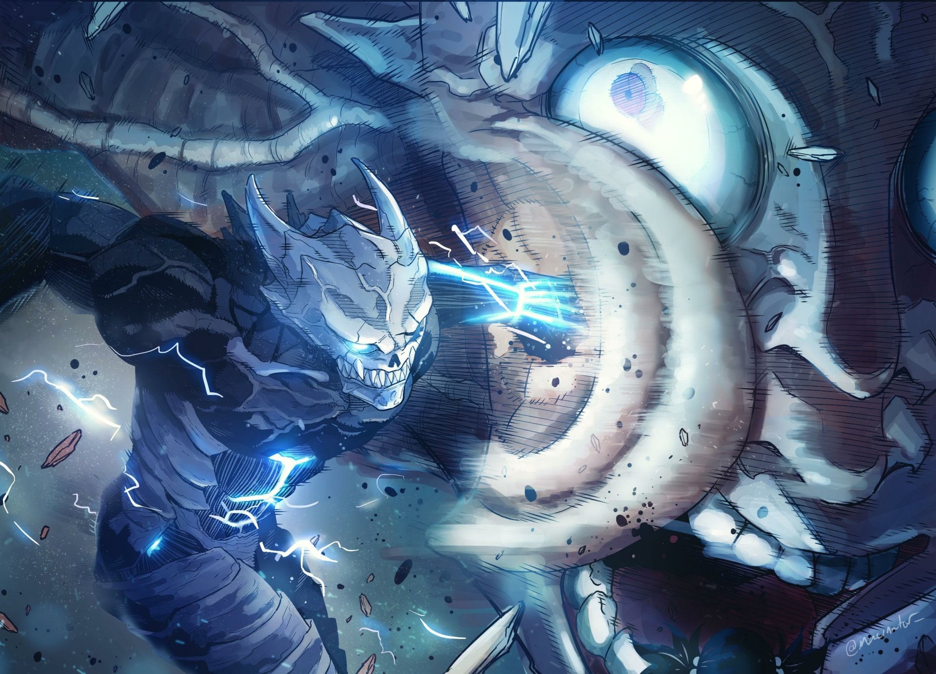 Alt Text: HD desktop wallpaper featuring a dynamic scene from the anime 'Kaiju No. 8' with the character Kafka Hibino in his kaiju form engaged in an intense battle.