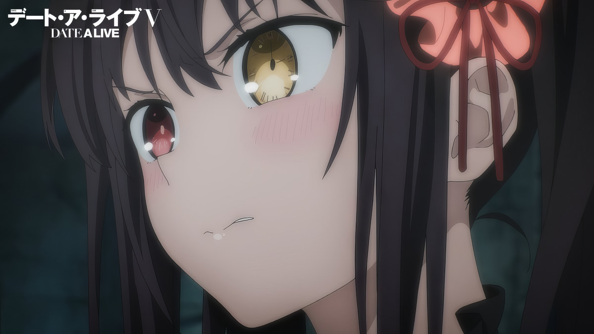 Anime character Kurumi Tokisaki from Date A Live with distinctive red and yellow eyes, and a hair accessory, featured in a HD desktop wallpaper.