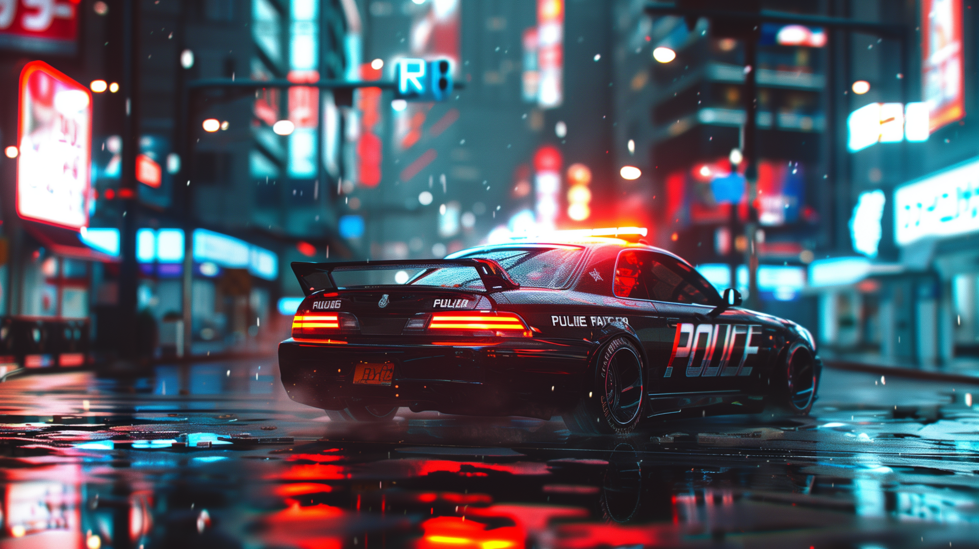 A police car with its red and blue lights on, parked on a wet road reflecting neon signs, creating a vivid cyberpunk atmosphere in the rain. This is an HD desktop wallpaper.