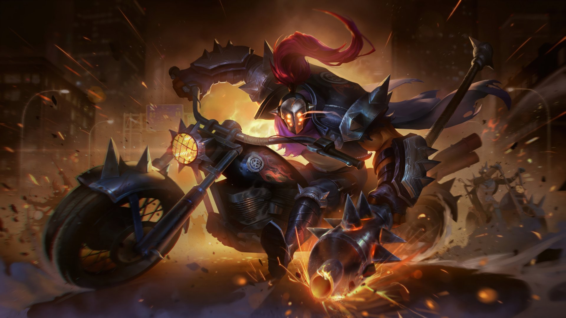 HD wallpaper featuring Jax from League of Legends, styled in armor and riding a dynamic, fantastical motorcycle amidst a fiery action scene.