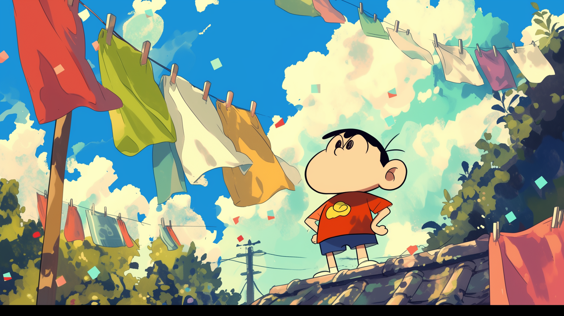 HD desktop wallpaper featuring the anime character Shin-chan from Crayon Shin-chan, standing on a rooftop with a backdrop of blue skies and fluttering laundry on a clothesline.