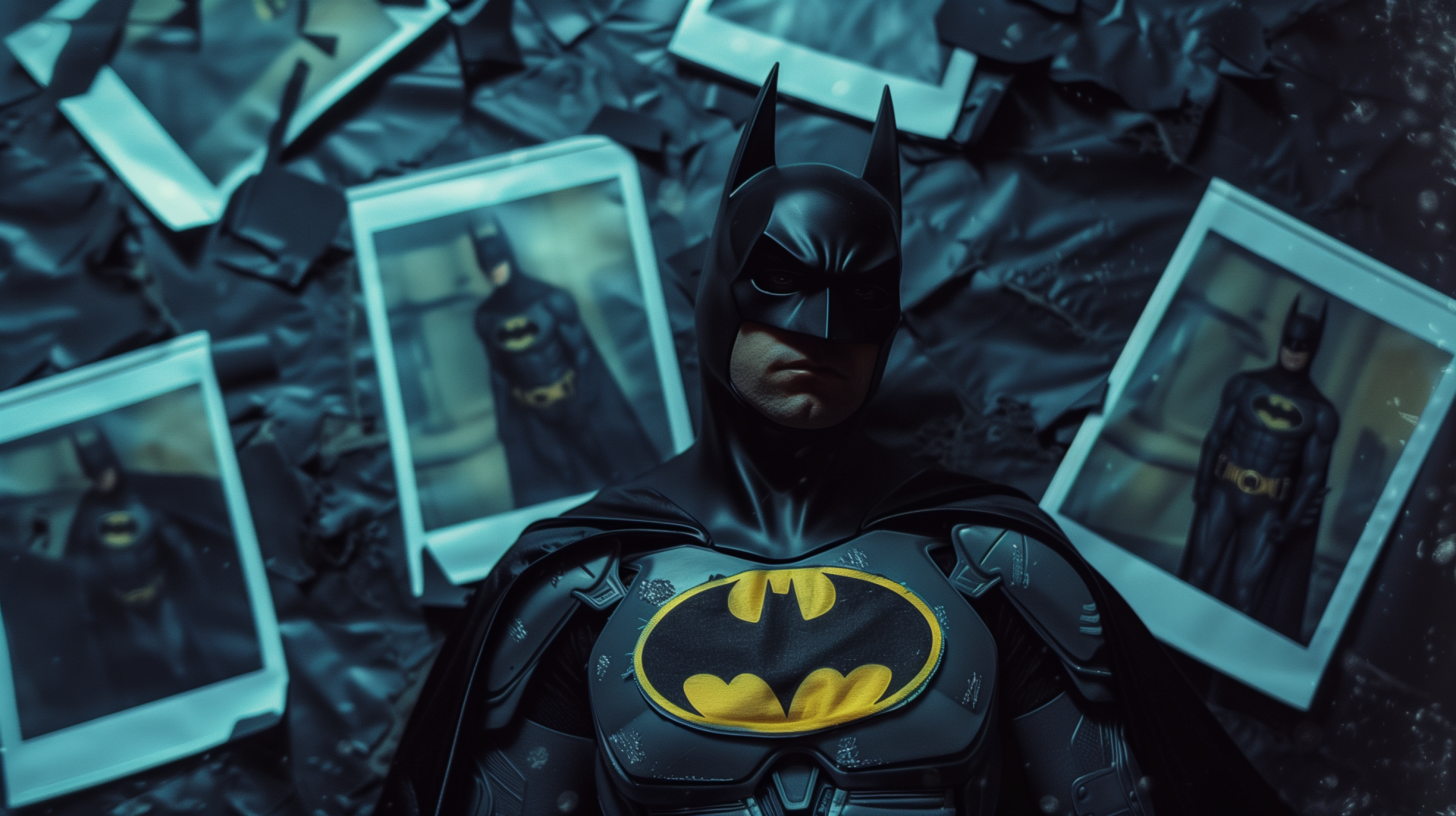 HD wallpaper featuring Batman surrounded by photographs, exuding a somber superhero vibe.