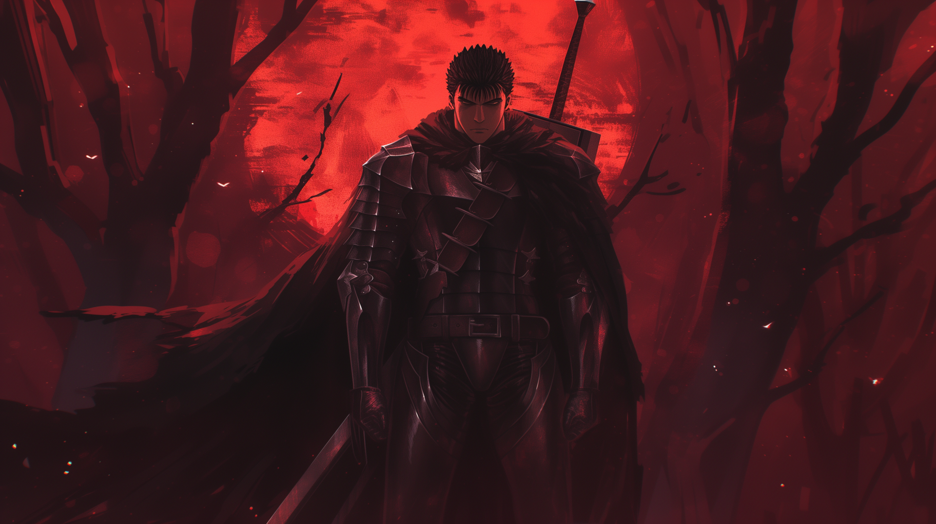 HD wallpaper featuring the anime character Guts from Berserk, standing imposingly with a brooding expression against a crimson backdrop with dark, shadowy trees.