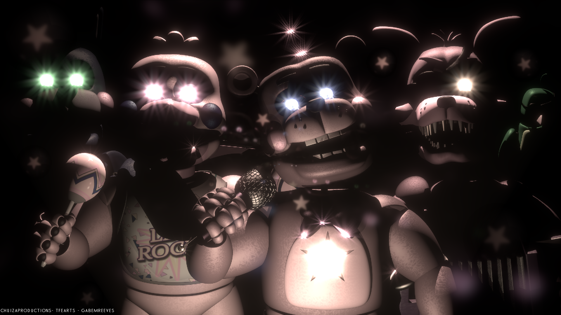 HD PC desktop wallpaper from Freddy Fazbear's Pizzeria Simulator (Five Nights at Freddy's): group of ominous animatronics with glowing eyes, one holding a microphone in low light.