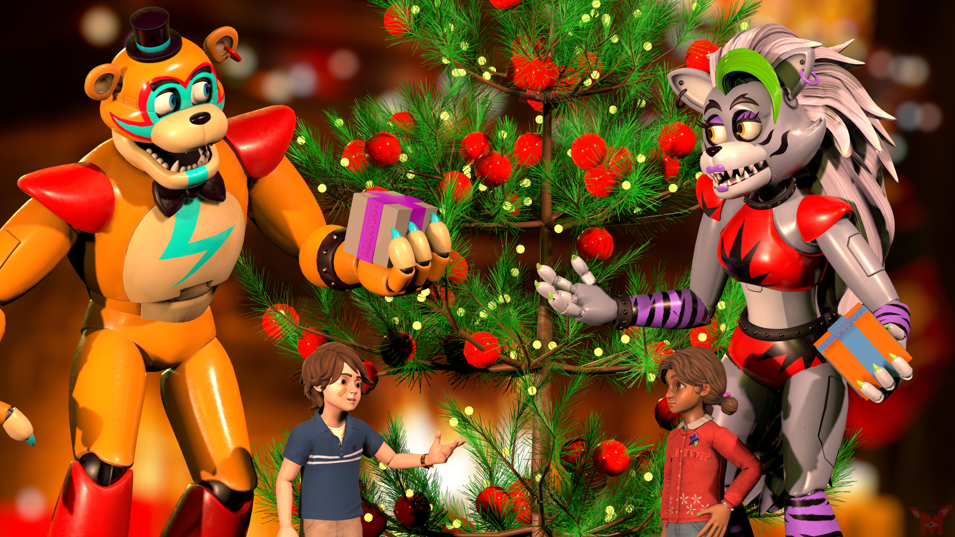 8K Ultra HD Five Nights at Freddy's: Security Breach Christmas-themed wallpaper featuring animatronics and children by a decorated holiday tree.