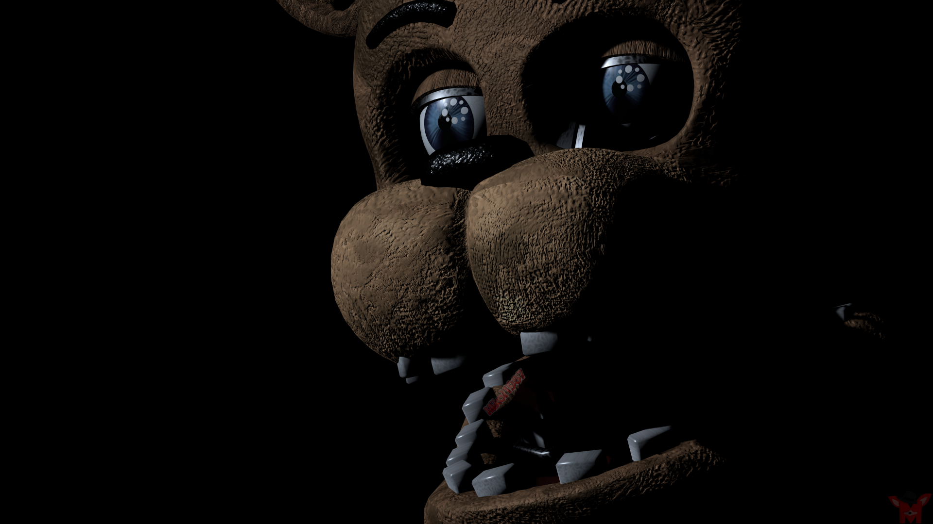 Close-up of an eerie animatronic face from Five Nights At Freddy's 2, rendered in 8K Ultra HD for a striking PC desktop wallpaper and background.