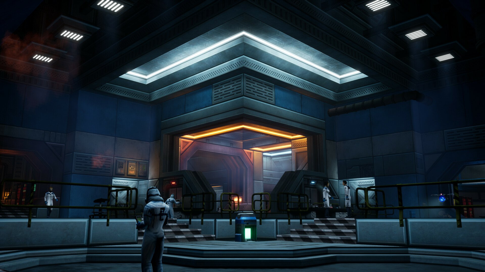 HD desktop wallpaper background from the video game Phantom Fury featuring a futuristic interior with cool-toned lighting and a character in the foreground.