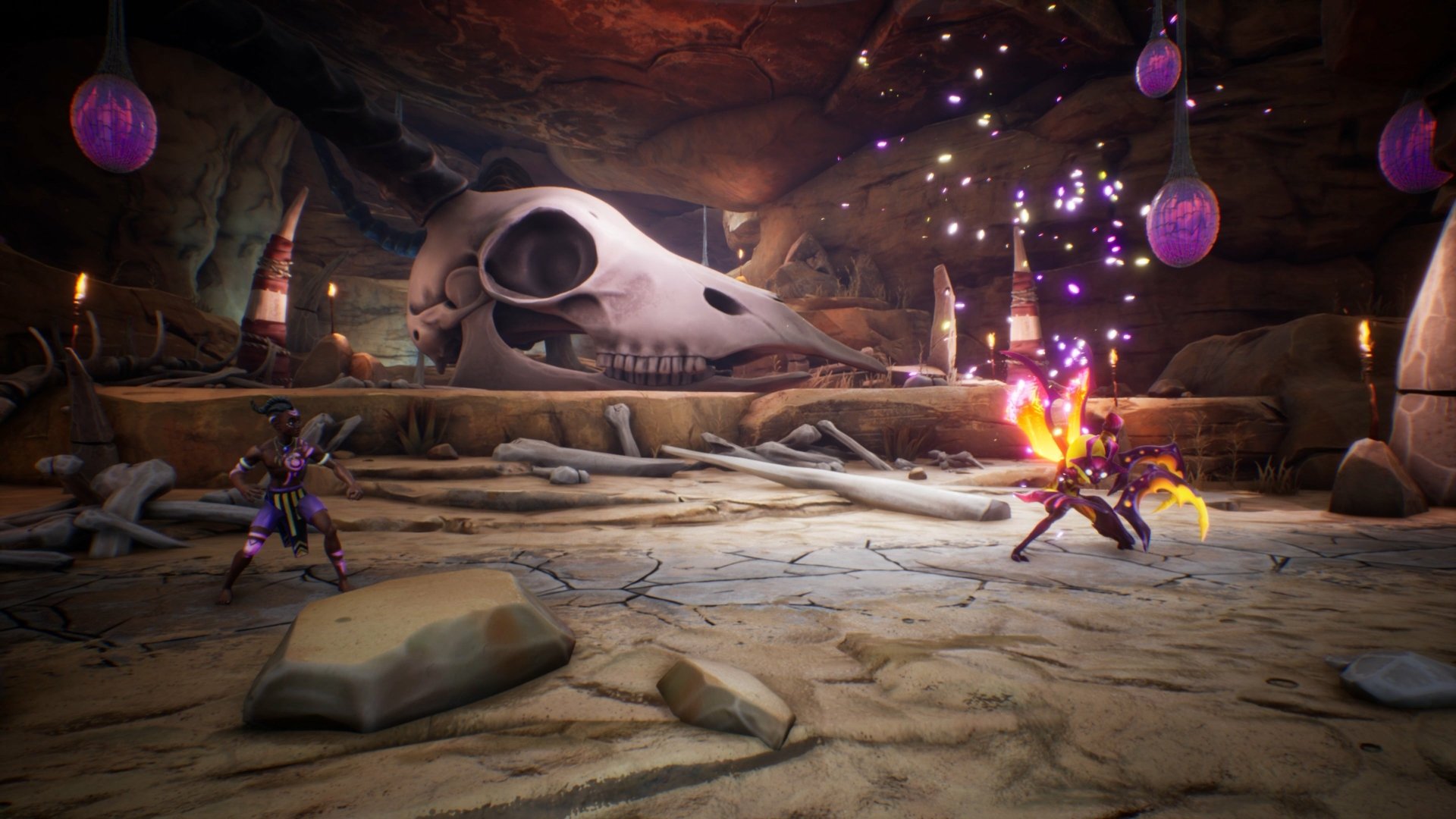HD desktop wallpaper of Tales Of Kenzera: Zau video game, featuring a character engaged in combat with enemies in an underground setting with a large skull and purple glowing elements in the background.