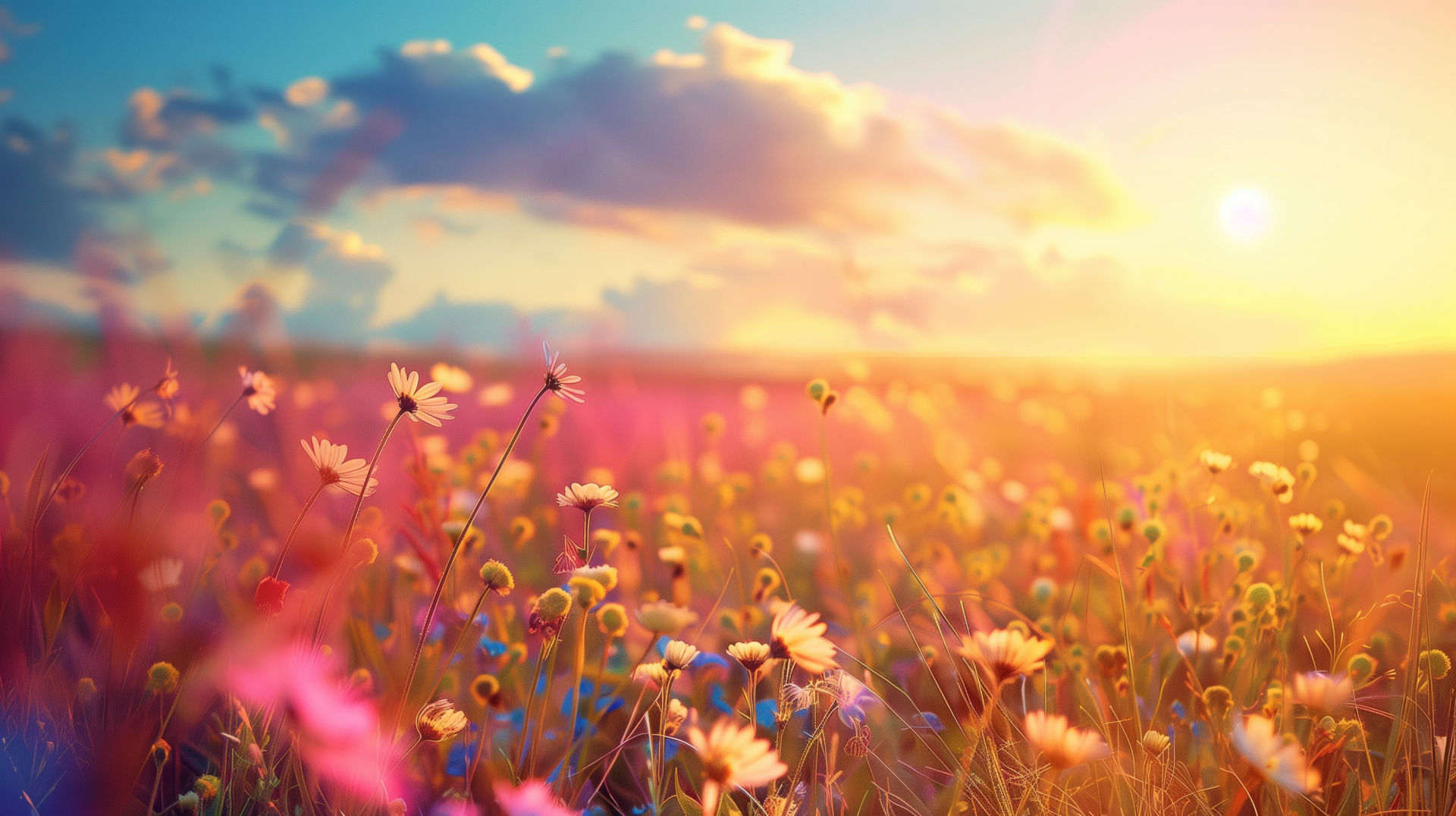 HD wallpaper featuring a vibrant field of daisies with the warm glow of a spring sunset in the background.
