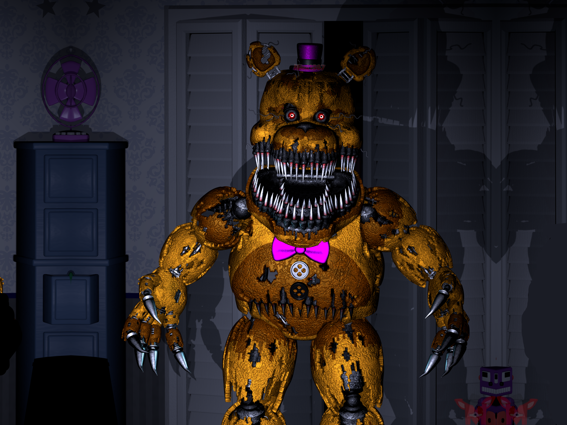 4K Ultra HD Five Nights at Freddy's 4 wallpaper featuring a menacing animatronic Freddy with sharp teeth and glowing eyes in a dark, eerie room.