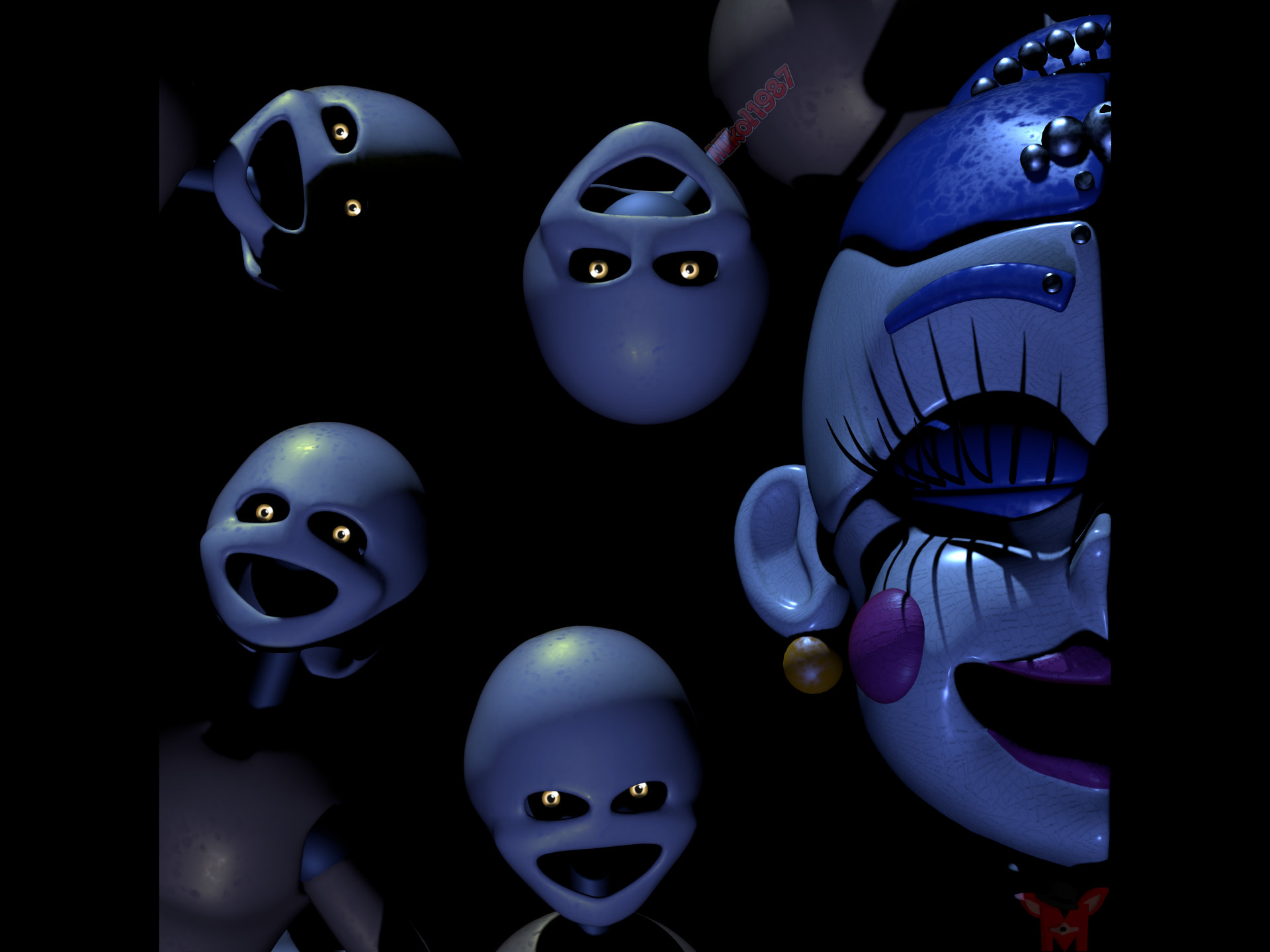 5K Ultra HD PC desktop wallpaper of Five Nights at Freddy's: Sister Location (Five Nights at Freddy's) — eerie floating blue puppet heads and a cracked Circus Baby face on black.