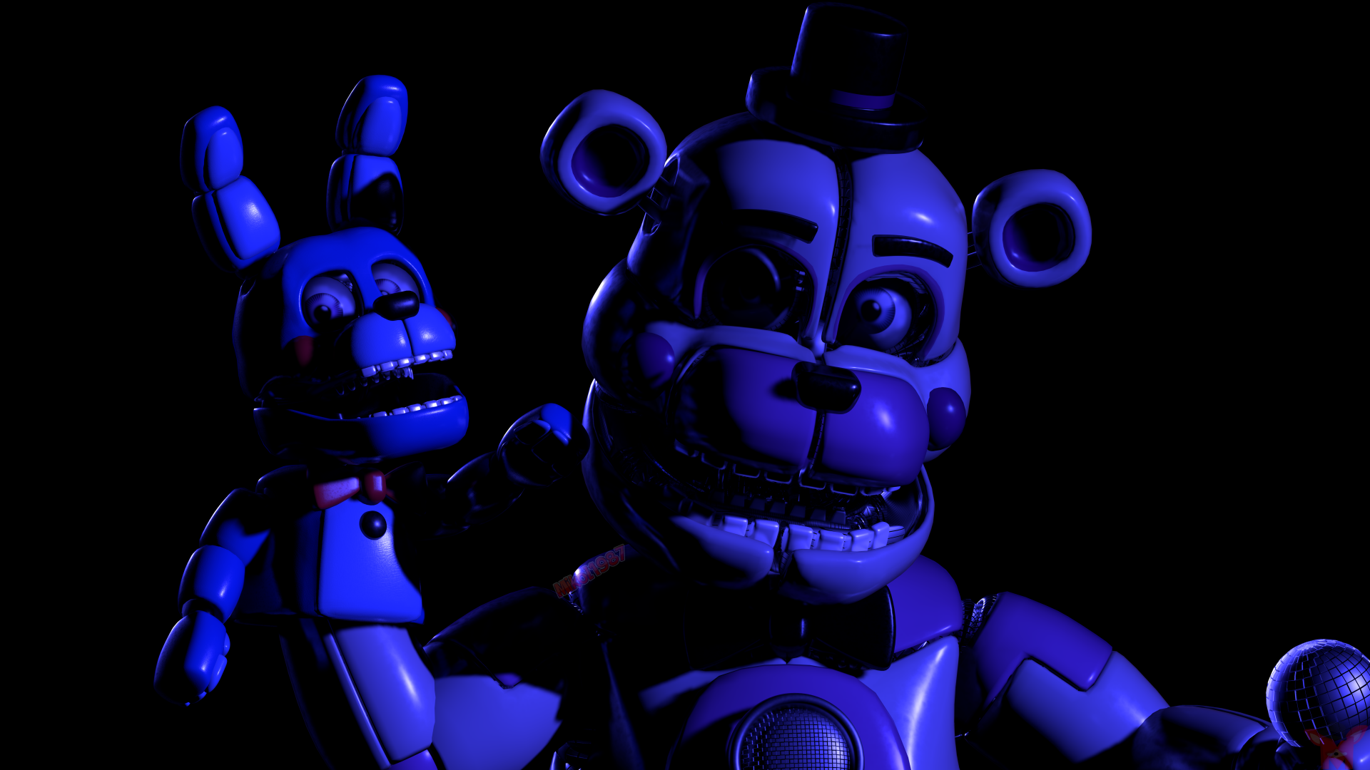 An 8K Ultra HD desktop wallpaper featuring animatronic characters from Five Nights at Freddy's: Sister Location, shown in a dark, eerie setting.