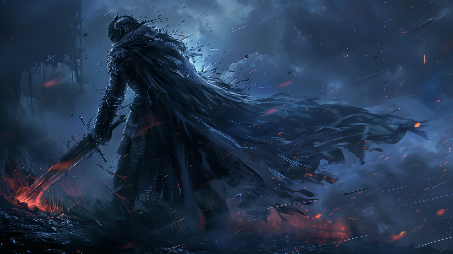 HD wallpaper featuring a knight from Dark Souls II in a dramatic pose with a sword, set against a moody, dark, and fiery backdrop.