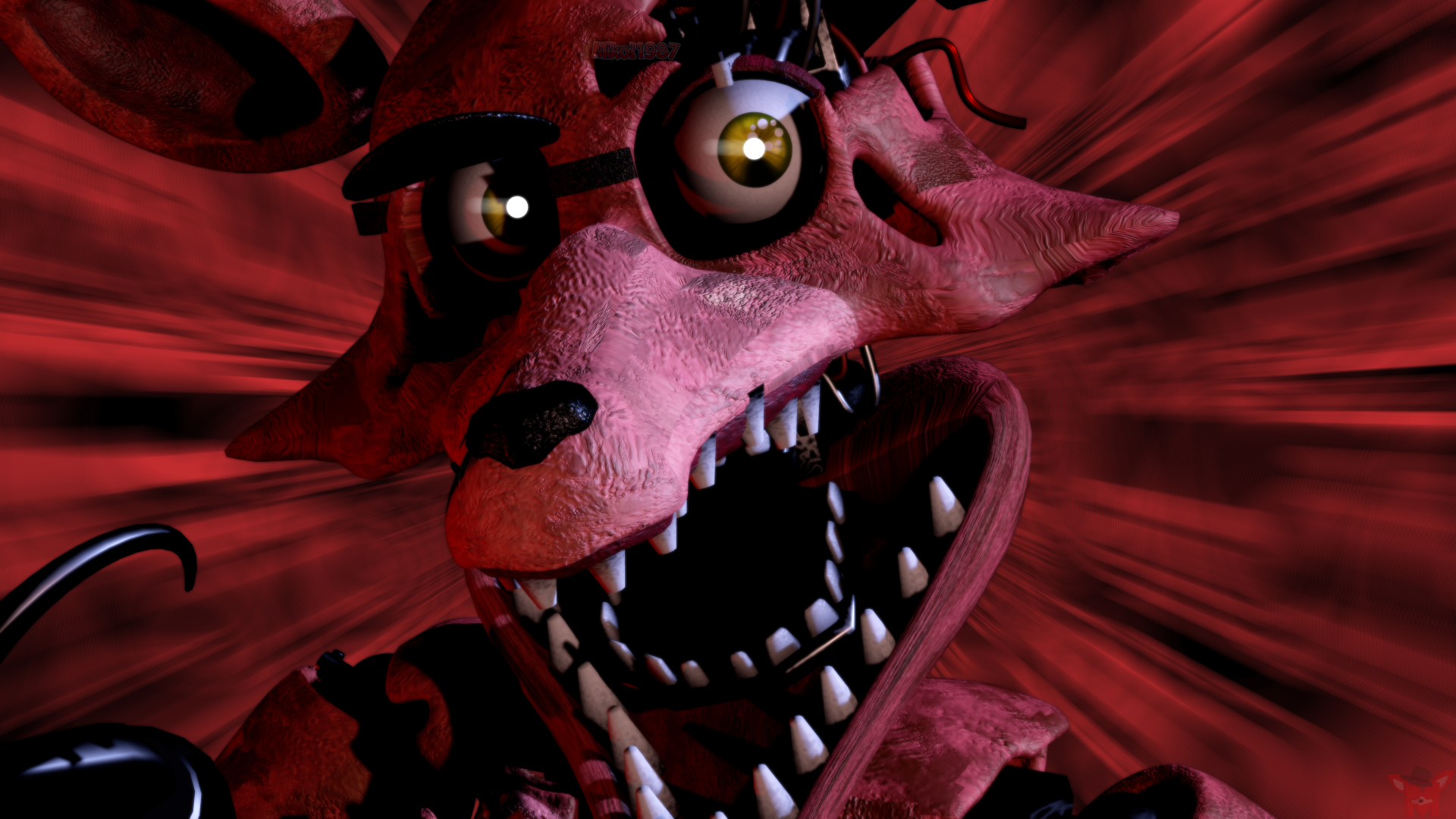 8K Ultra HD PC desktop wallpaper: close-up of a snarling red animatronic fox from Five Nights at Freddy's 2, Five Nights at Freddy's, with a glowing eye and razor teeth against a dark red swirl.