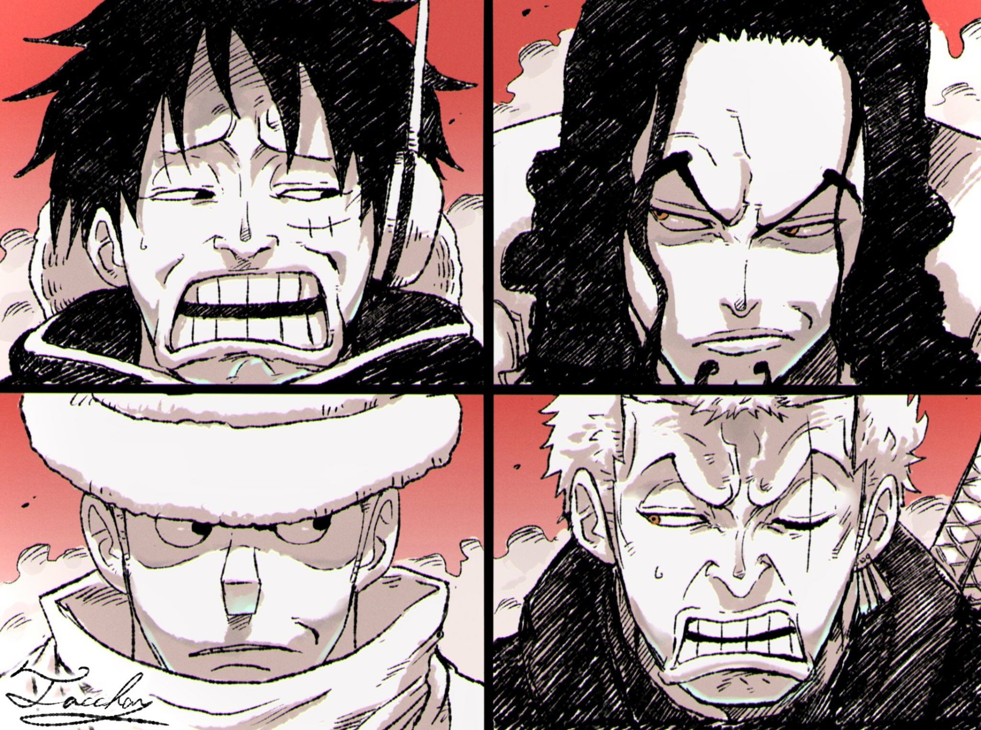 HD anime desktop wallpaper featuring One Piece characters Monkey D. Luffy, Rob Lucci, Trafalgar Law, and Roronoa Zoro with intense expressions and a red background.
