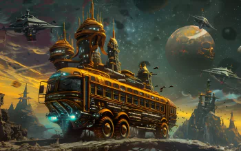 A futuristic school bus travels through a vibrant space landscape, surrounded by alien structures and spacecraft, creating an imaginative and intriguing scene for a desktop wallpaper.