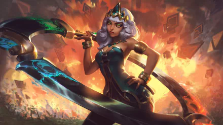 HD desktop wallpaper featuring Qiyana from League of Legends poised for battle with her elemental ring weapon, set against a dynamic, fiery backdrop.
