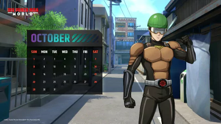 HD desktop wallpaper of the character Mumen Rider from One Punch Man World video game, featuring a vibrant city backdrop and a calendar with the month of October.