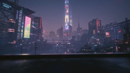 Futuristic cityscape at night from Cyberpunk 2077, showcasing neon-lit skyscrapers and digital billboards in a sci-fi video game HD PC desktop wallpaper.