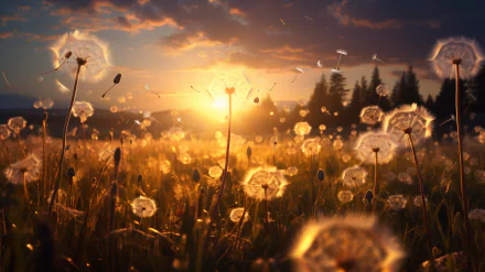 Dandelion field at sunset HD wallpaper with glowing sunlight and floating seeds for serene desktop background.