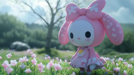HD wallpaper of My Melody from Onegai My Melody by Sanrio, posing amidst a field of pink flowers under a sunny sky.