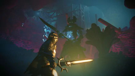 HD wallpaper of Enshrouded video game with a warrior wielding a glowing sword in a dark, mystical setting.